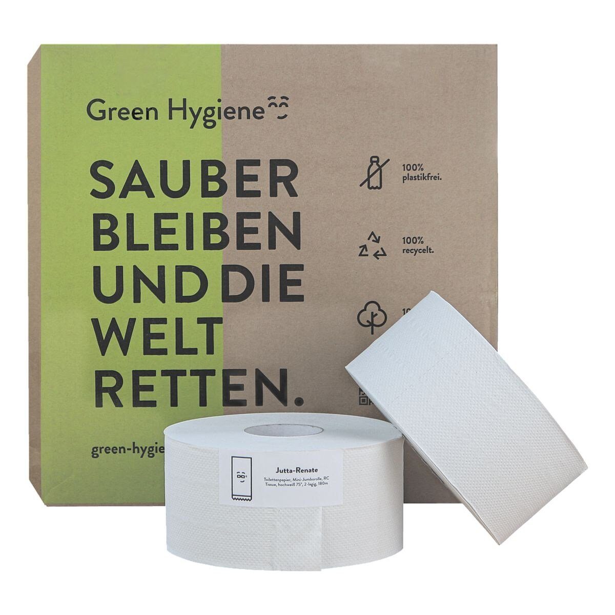 Green Hygiene® Toilettenpapier Jutta-Renate (16-St), Recycling, 2-lagig, weiß mit Prägung, parfümfrei, 180 m/Rolle