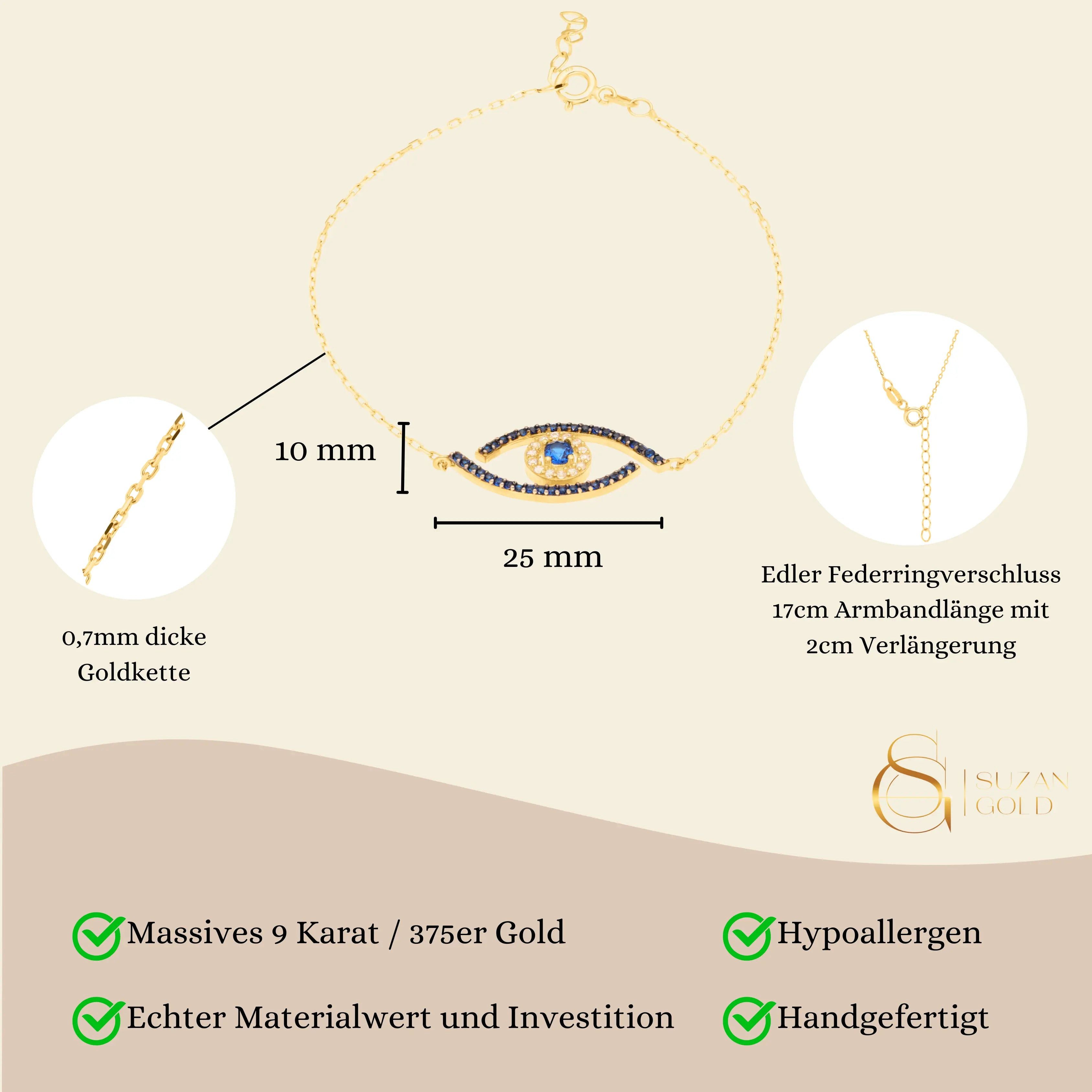 Suzan Gold Charm-Armband 375er Gold Armband Evil Eye – Schutzsymbol in Blau mit Zirkonia, Gelbgold 375, Zirkonia-Steine, Länge: 17+2cm