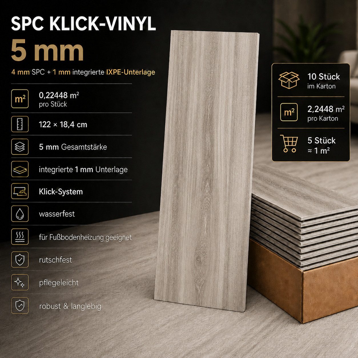 Berti Graf Designboden SPC Vinylboden 5 mm Klick wasserfest mit Trittschalldämmung, kleberfrei, mit Trittschalldämmung, wasserfest, pflegeleicht