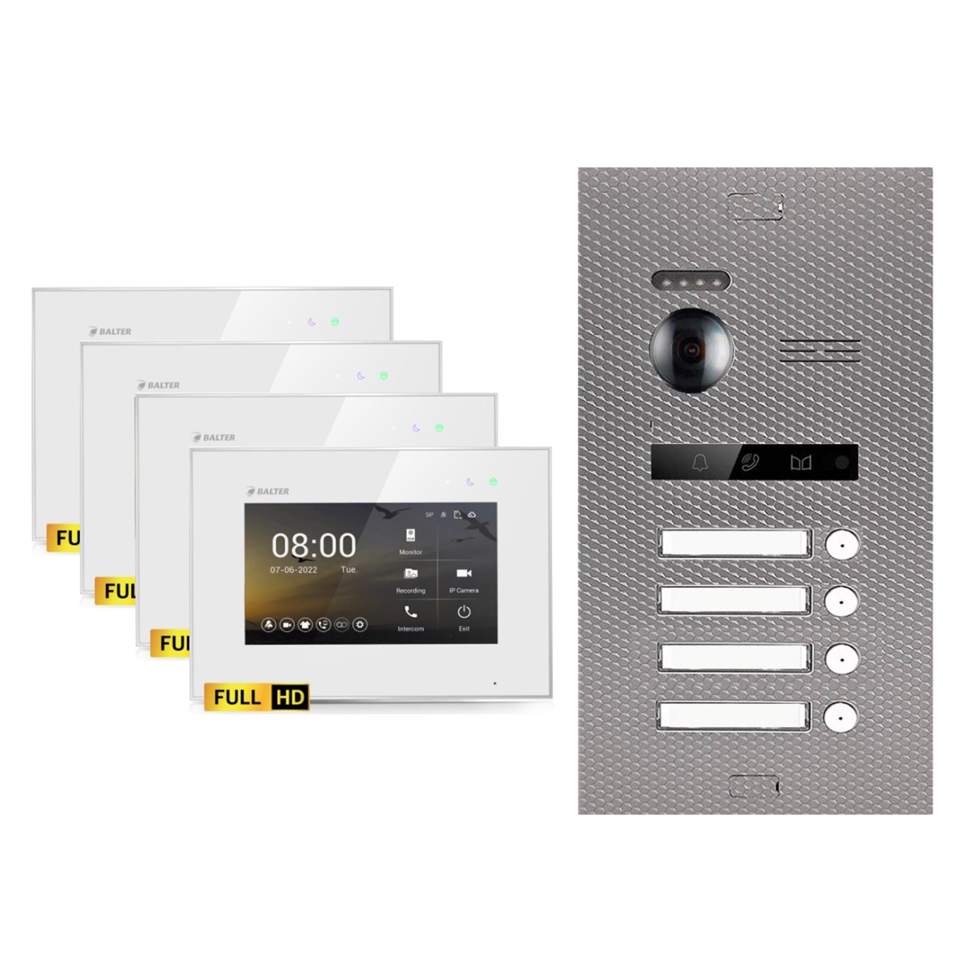 Balter Video-Türsprechanlage EVO-HD Komplettset 4-Familie Karbon-Silver 4x 7" Monitor Weiß (Set, 4-Familienhaus, Komplettset, FullHD Kamera)