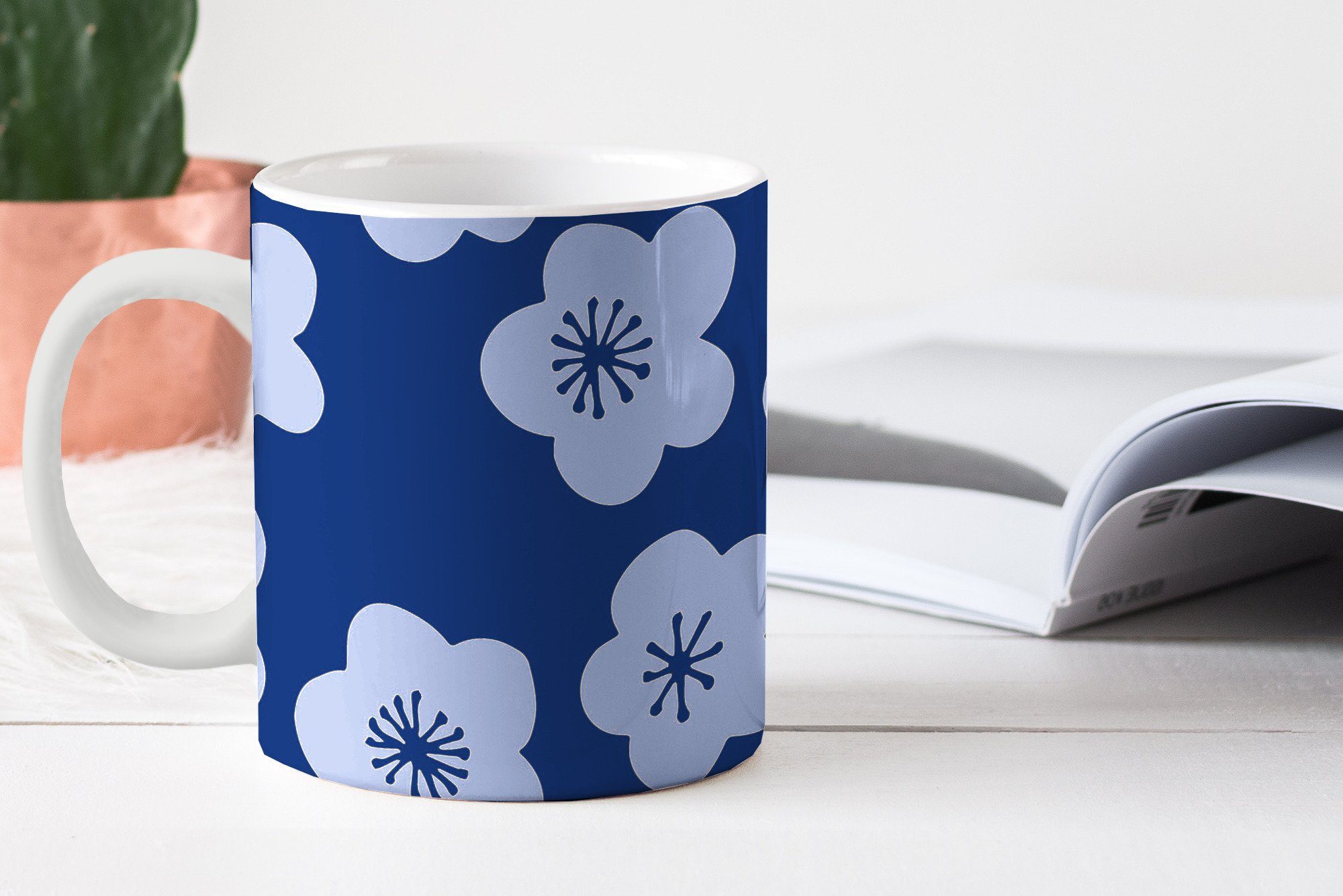 Weiß Tasse - Muster Teetasse, Geschenk Keramik, Sakura Japan, Kaffeetassen, Teetasse, Becher, MuchoWow - -