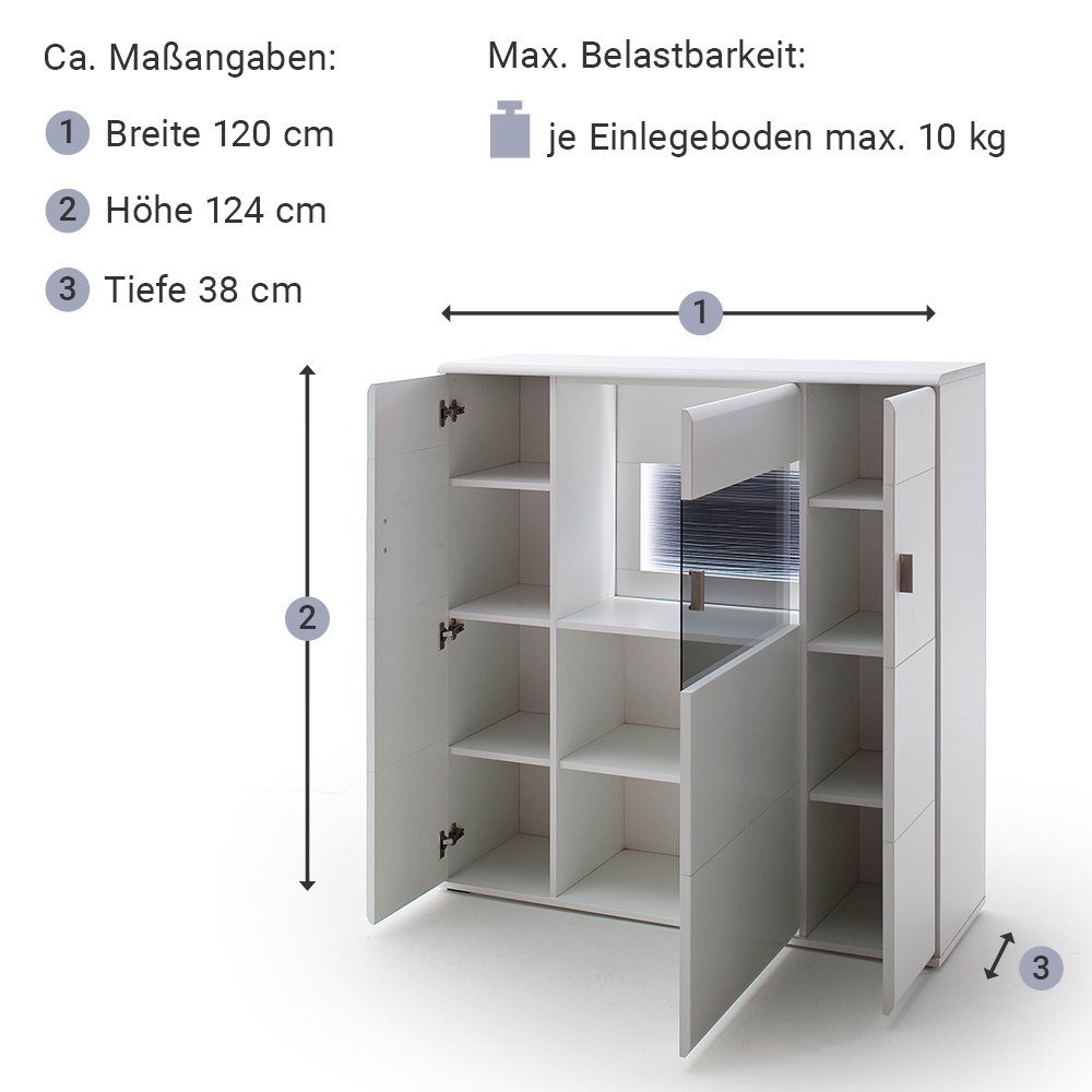 Highboard Lomadox Sideboard montiert Tisch Wohnwand 5-tlg), Lowboard Fernsehwand weiß (5-St., ALIA-05, Vitrine
