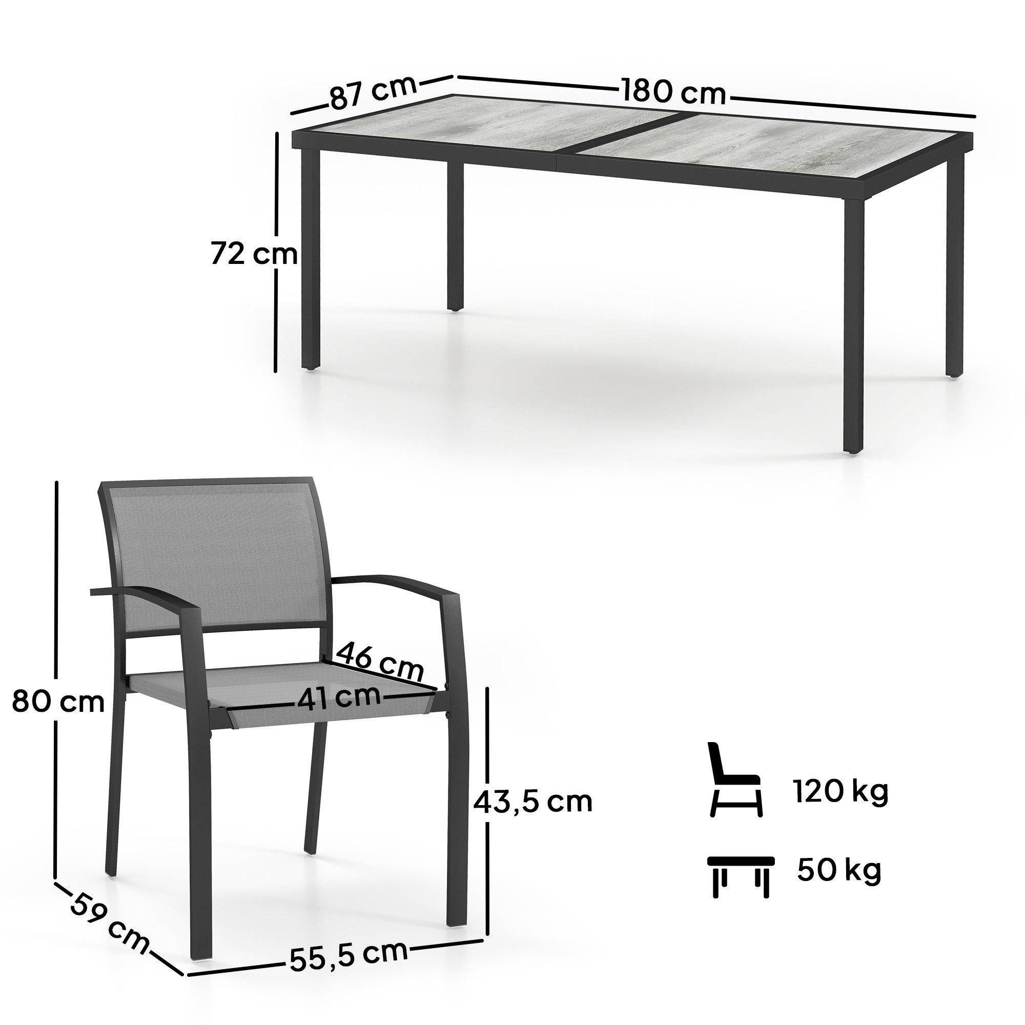 Outsunny Garten-Essgruppe für 6 Personen, Esstisch mit 6 Stapelbare Stühle, (Sitzgruppe, 7-tlg., Esszimmergruppe), mit Stahlgestell, für Terrasse, Balkon Grau