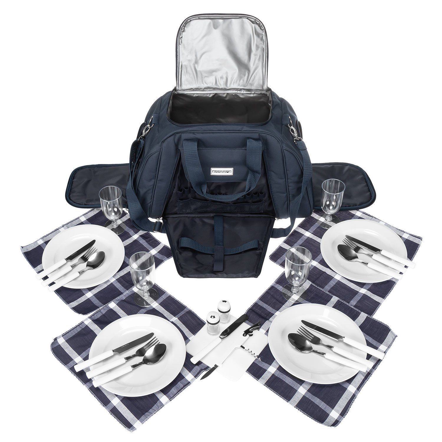 anndora Picknickkorb Picknicktasche für 4 Personen 29-teilig - Farbwahl Blau-Weiß
