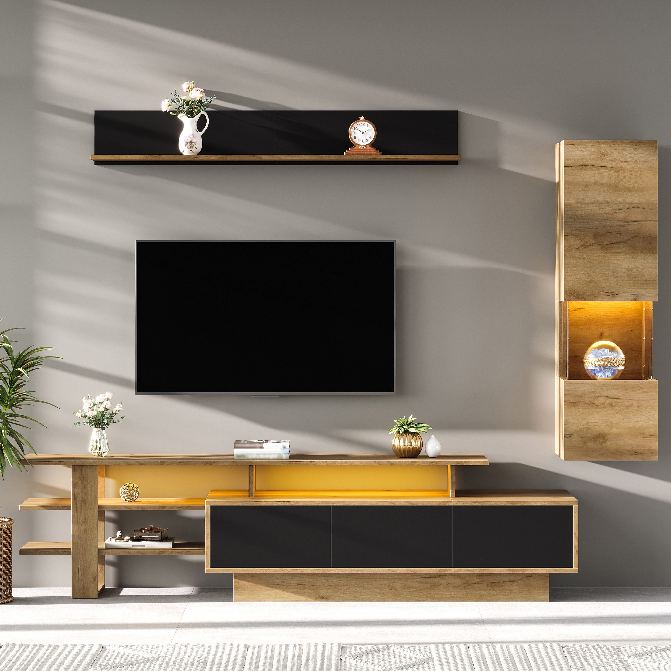 KLAM HOME Wohnwand 3-tlg. TV Wohnwand Set Schwarz + Holzoptik mit LED, (Wohnzimmer Set mit TV-Schrank, Vitrine & Hängeregal bis 80), TV Möbel Set mit 3 Schubladen & App-LED-Beleuchtung
