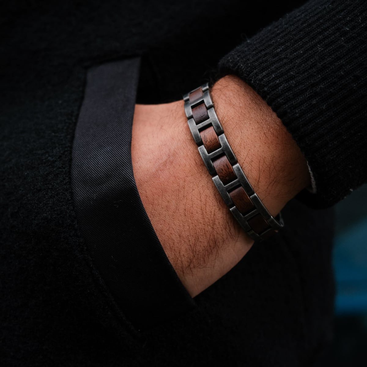 Holzkern Gliederarmband Herren-Edelstahl mit Holz Acoustic Walnuss/Antik-Silberfarben