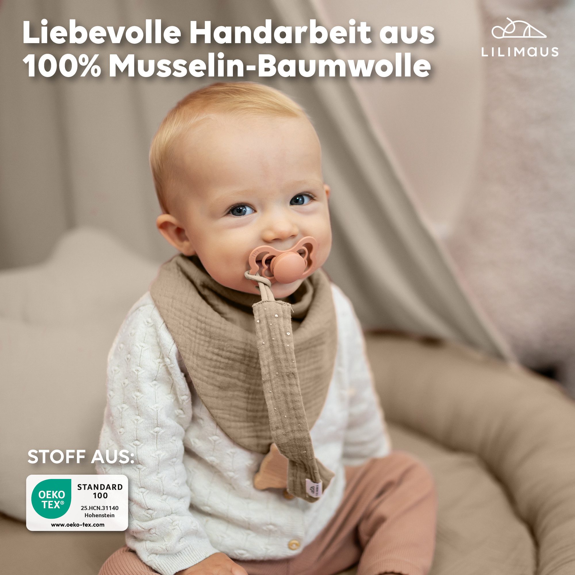 lilimaus Schnullerbefestigung Schnullerkette aus Musselin & Holz - handgemacht, (3-tlg), mit Holzclip & sicherer Länge - schadstoffgeprüfte Musselin-Baumwolle