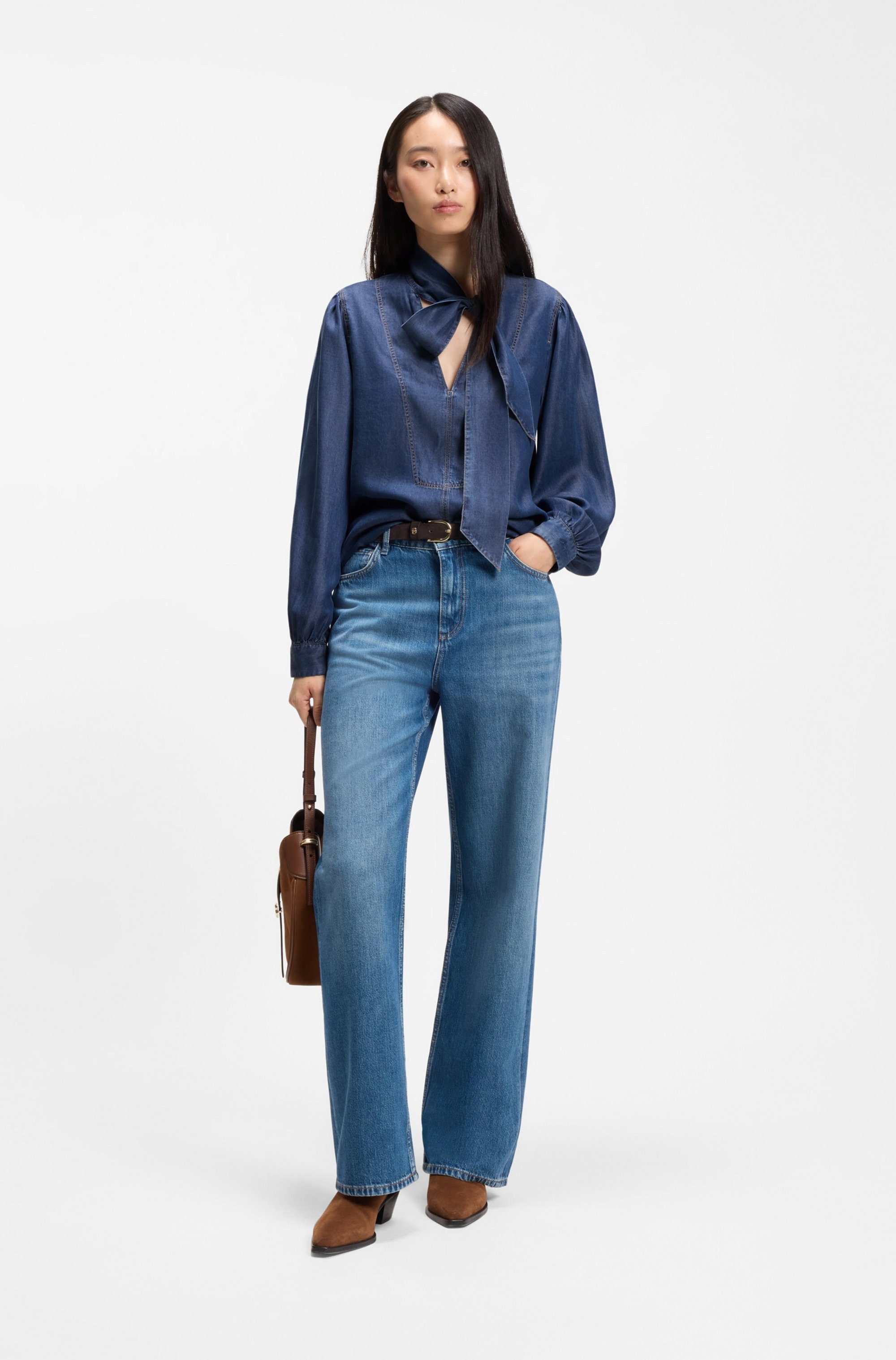 BOSS ORANGE Langarmbluse Betilla Premium Damenmode mit Schal-Detail, Denim-Look