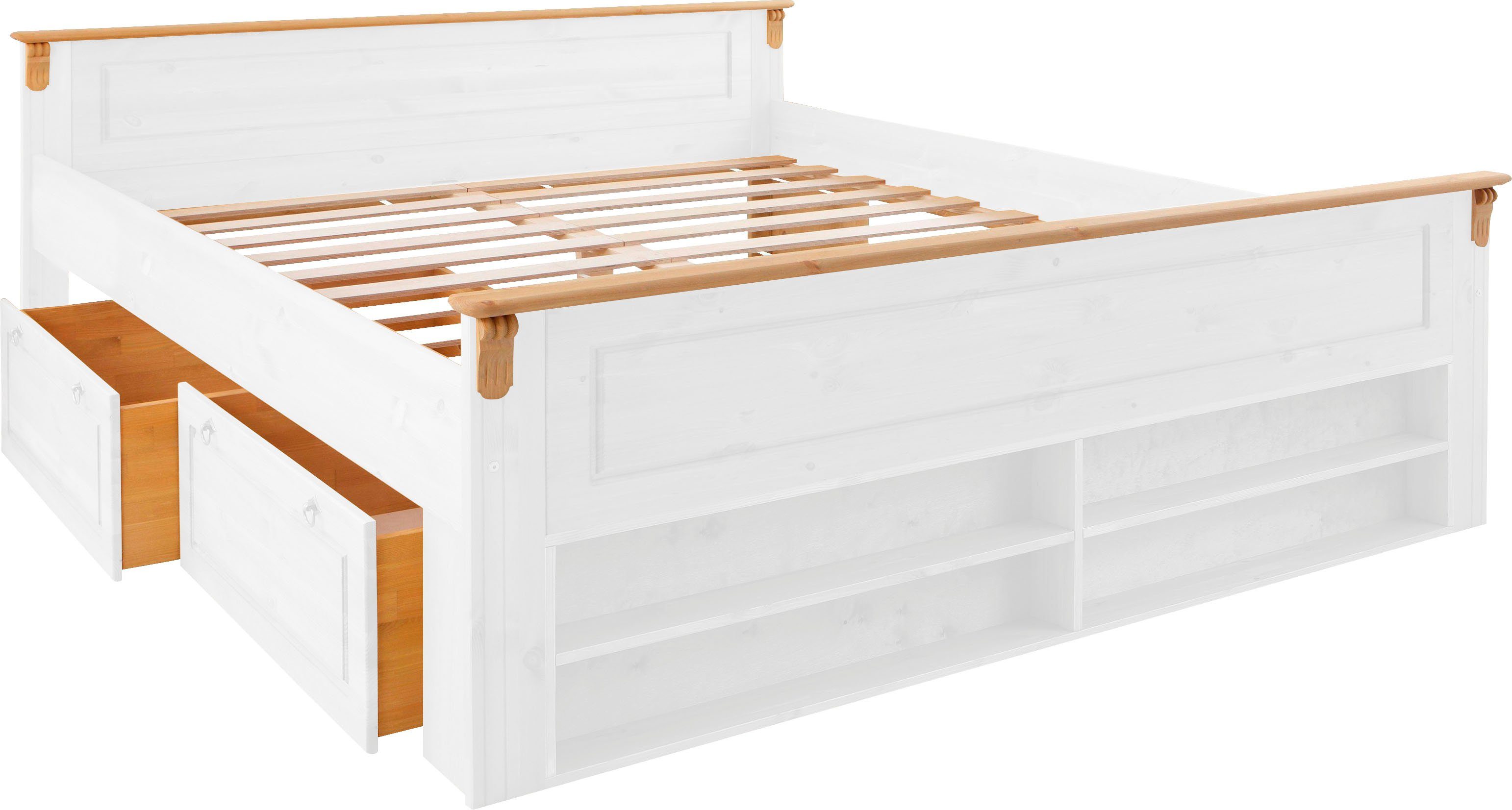 Home affaire Schlafzimmer-Set Tessin, (Spar-Set), 3 tlg. Set bestehend aus Bett 140 cm Inkl. 2x 2er Set Schubkästen weiß/honig