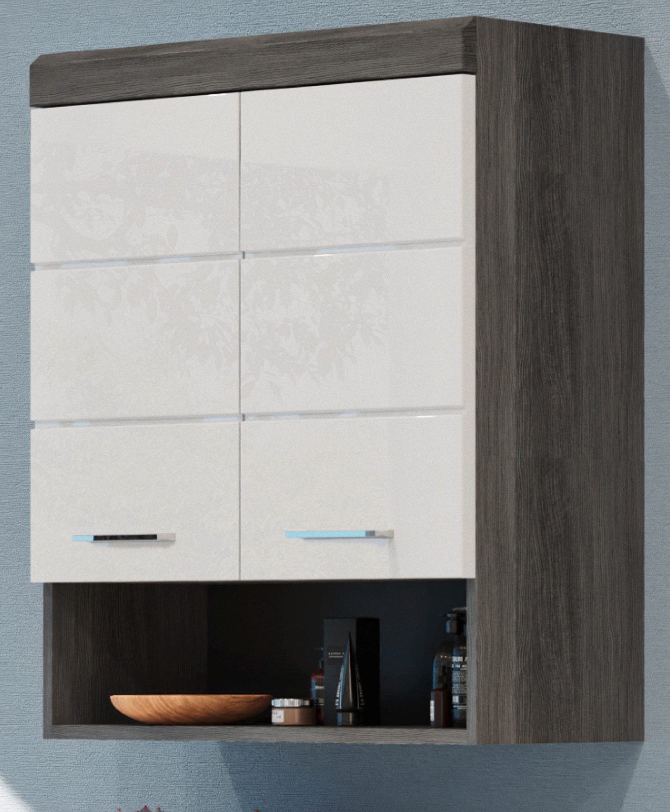 Inn.Furn Hängeschrank Shawn (Badschrank breit, weiß Hochglanz und grau, 2-türig, 74 x 79 cm) viel Stauraum
