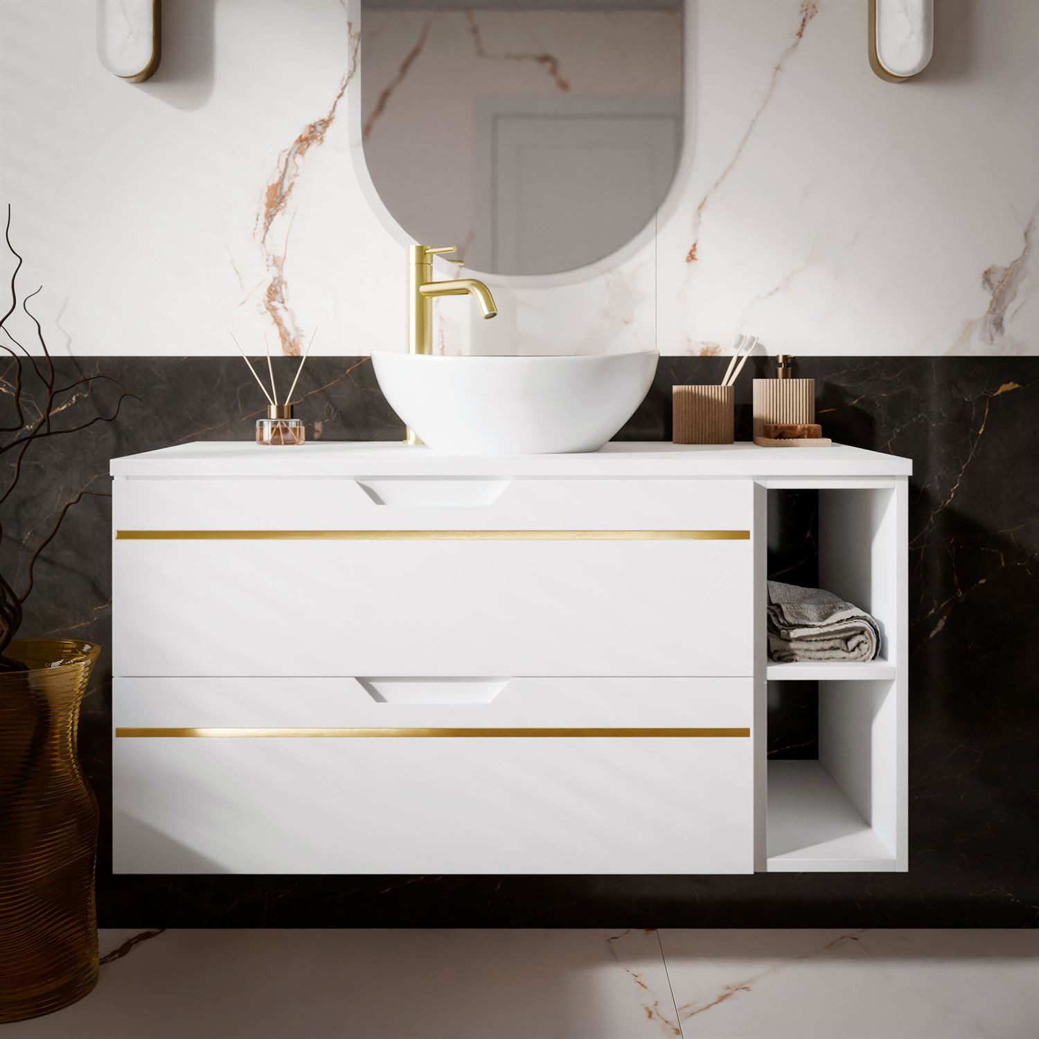 Lookway Badmöbel-Set OPIUM II Hängeschrank Weiß matt mit Soft-Close, (Badezimmerschrank mit wählbarem, Becken und Armatur), mit Soft-Close-System