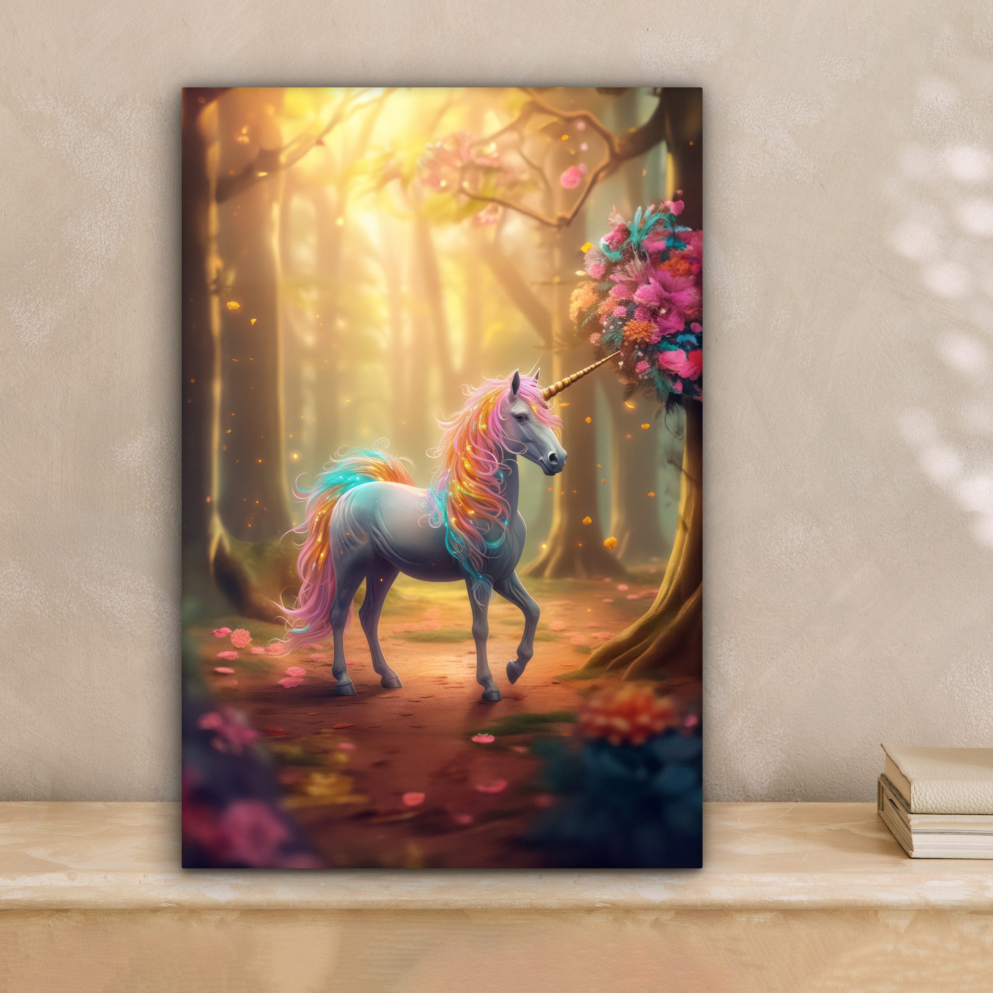 OneMillionCanvasses® Leinwandbild Einhorn - Wald - Bunt - Blumen - Mädchen, günstig online kaufen