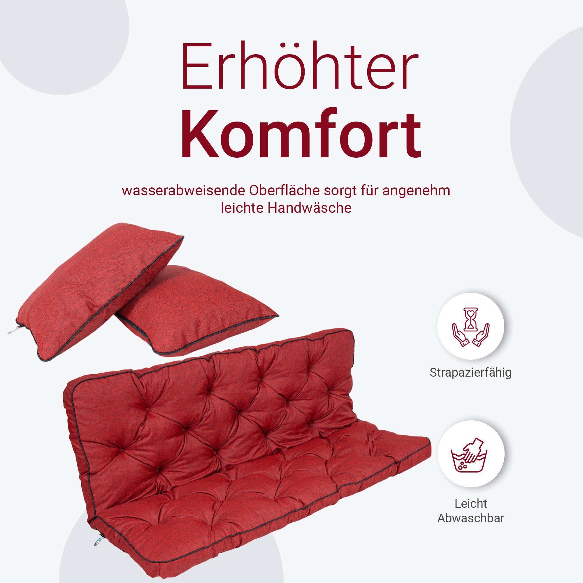 TexDeko Auflagekissen Ecolen Gartenbankauflage für Hollywoodschaukel mit Rückenlehne, (1x Gartenbankauflage für Hollywoodschaukel + 2x Kissen), UV-Beständig