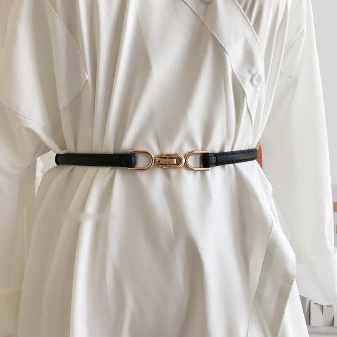 Bwecuy Taillengürtel Schmaler Taillengürtel für Damen Verstellbarer dünner Gürtel Schmaler Ledergürtel mit Gold metallschnalle für Kleid – Bild 2 von 5