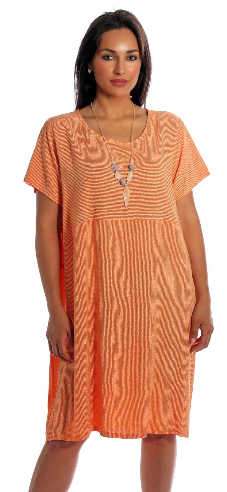 Moda Sommerkleid mit Modeschmuckkette Orange "Paula" gestreift Shirtkleid Charis