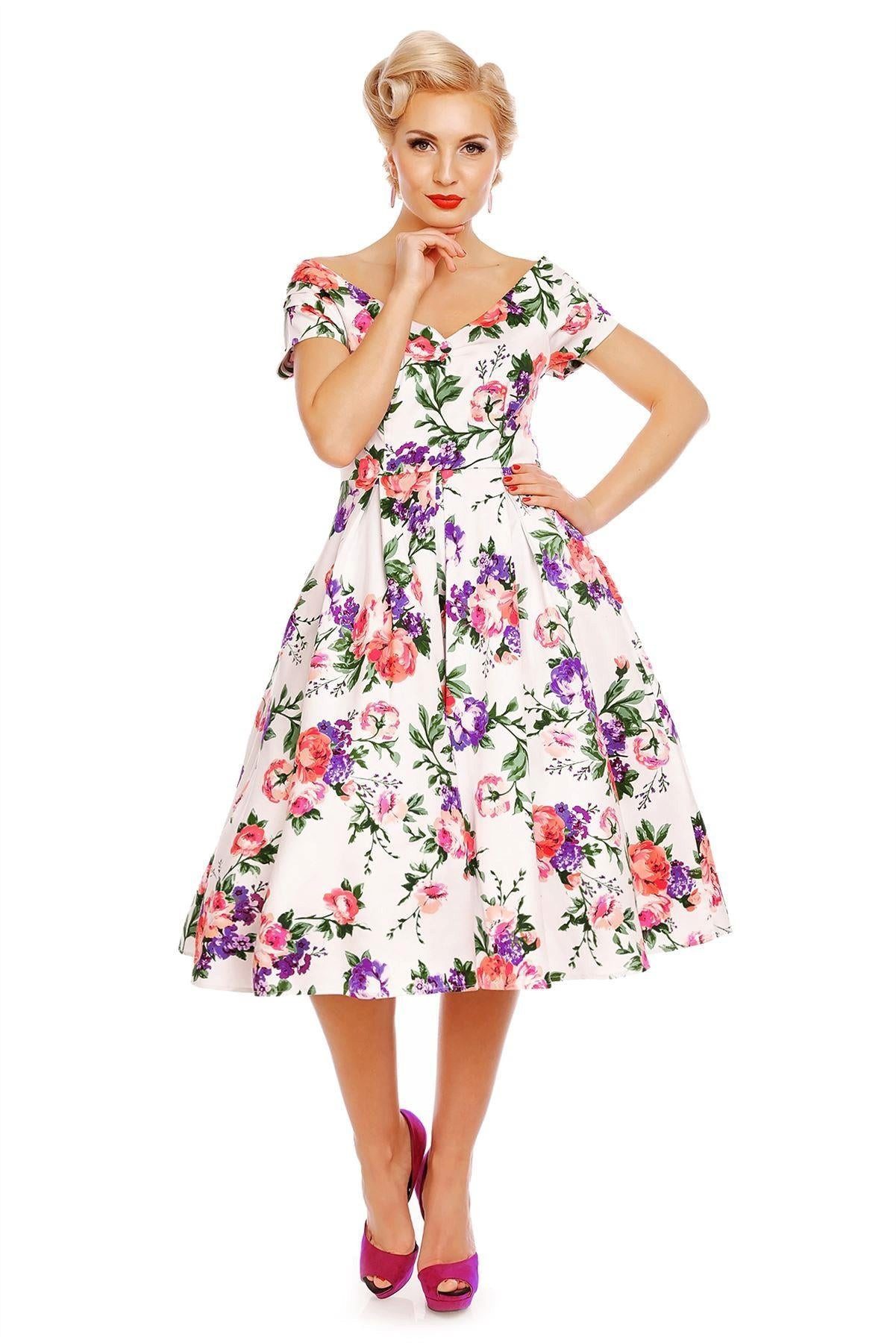 Dolly and Dotty A-Linien-Kleid Lily White Floral Off-Shoulder Vintage Retro günstig online kaufen