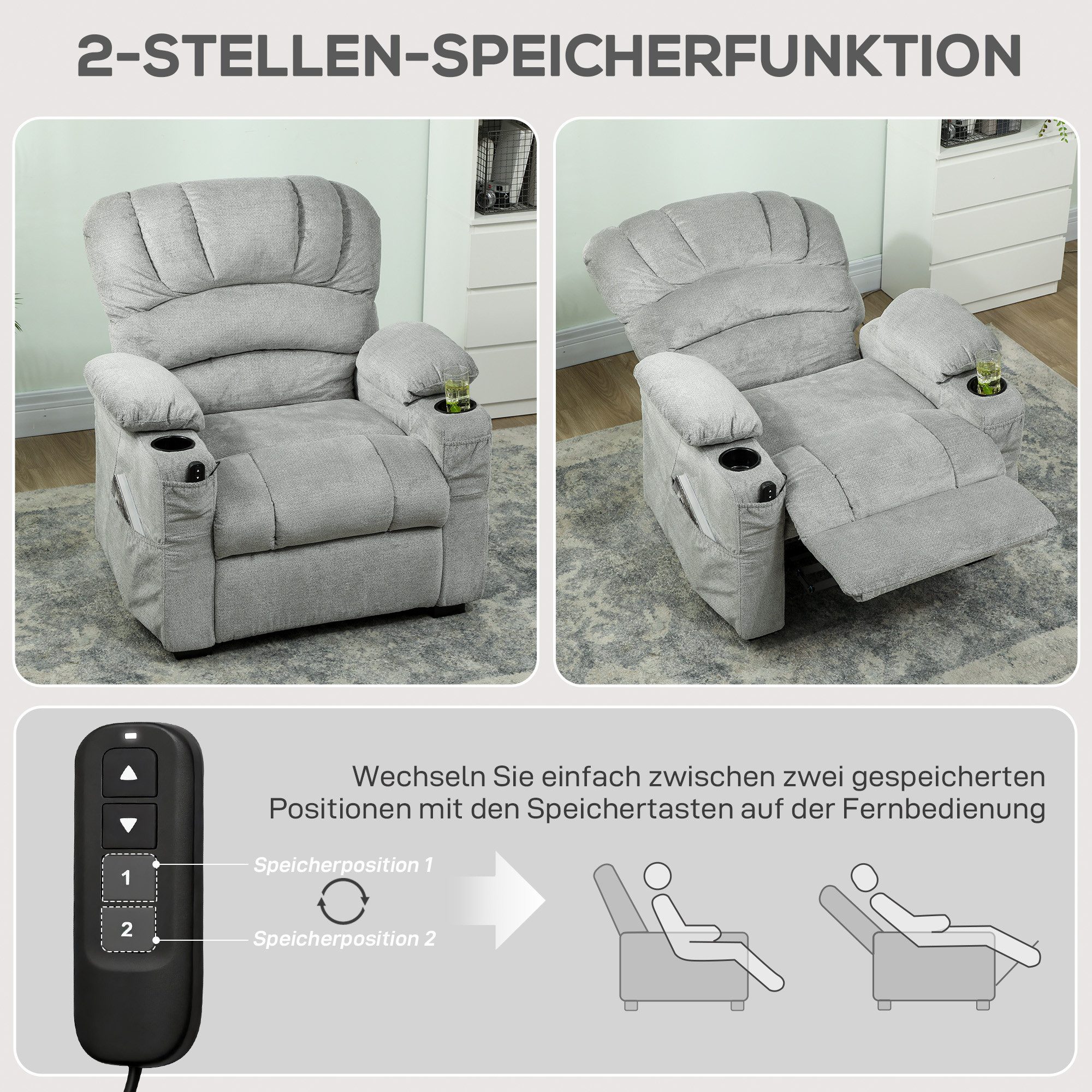 HOMCOM Relaxsessel Elektrischer Fernsehsessel TV Sessel mit Liegefunktion (Set, 1-St., 1), 2 Memory-Positionen, USB, leiser Motor – Bild 5 von 5