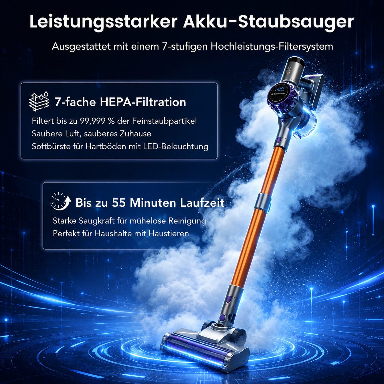 VacniQ Akku-Hand-und Stielstaubsauger 68.000 Pa Kabelloser Staubsauger Akku Staubsauger beutellos, beutellos, Akku Staubsauger, Staubsauger, 68KPa, 55 Minuten, 1.2 L, 3.26kg