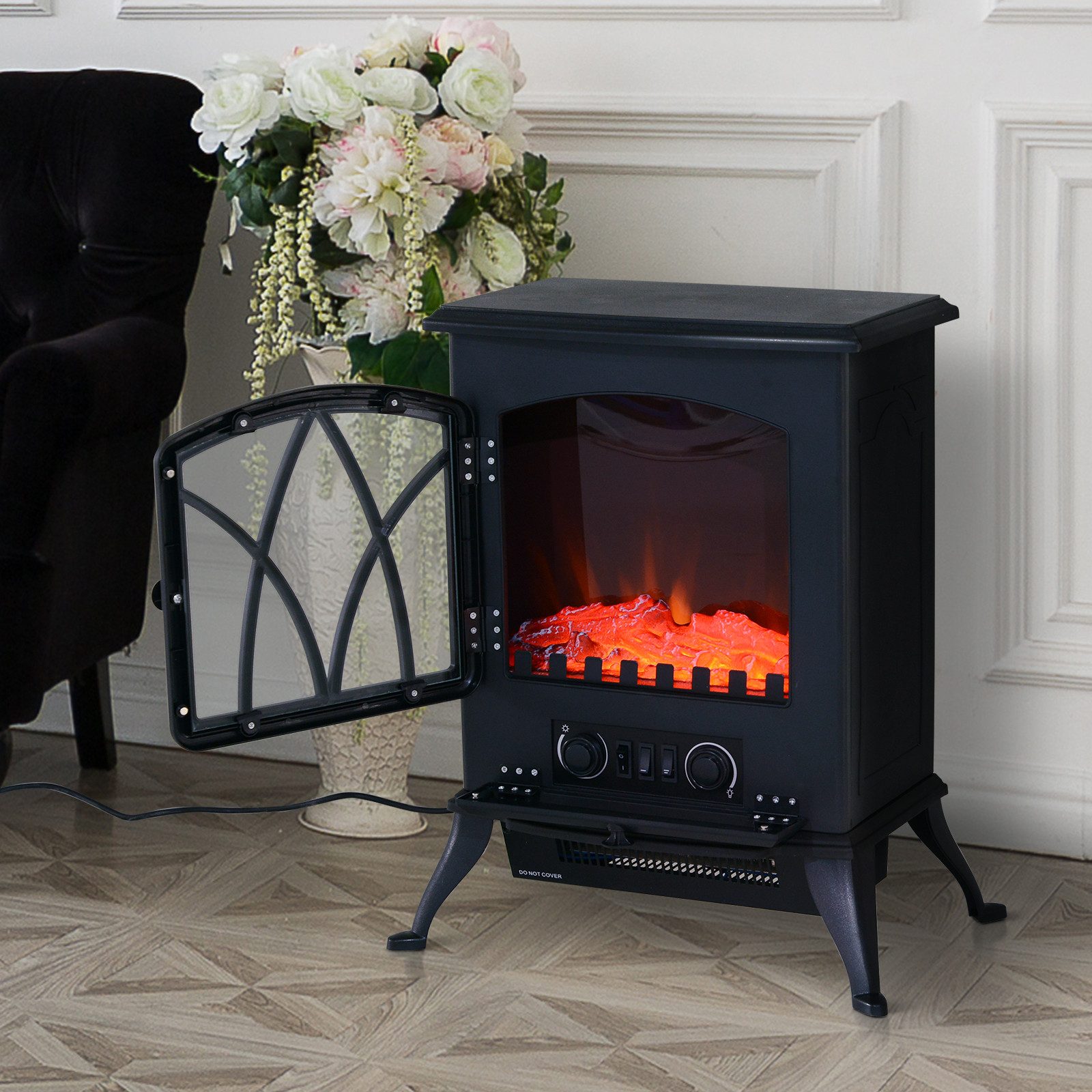 HOMCOM Elektrokamin Kaminfeuer Dekokamin mit Heizung, LED Flammeneffekt, Schwarz, Elektrokamin Elektrischer Kamin Kaminofen 1000W,2000W