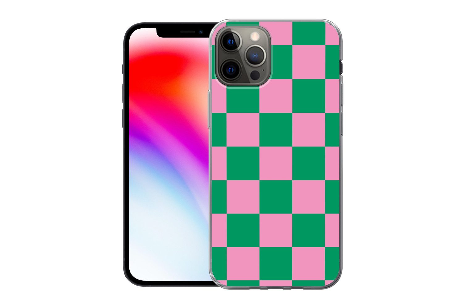 MuchoWow Handyhülle für Apple iPhone 12 Pro Schachbrettmuster - Grün - Rosa - Würfel, Smartphone-Bumper, Print, Handy Schutzhülle Dünn