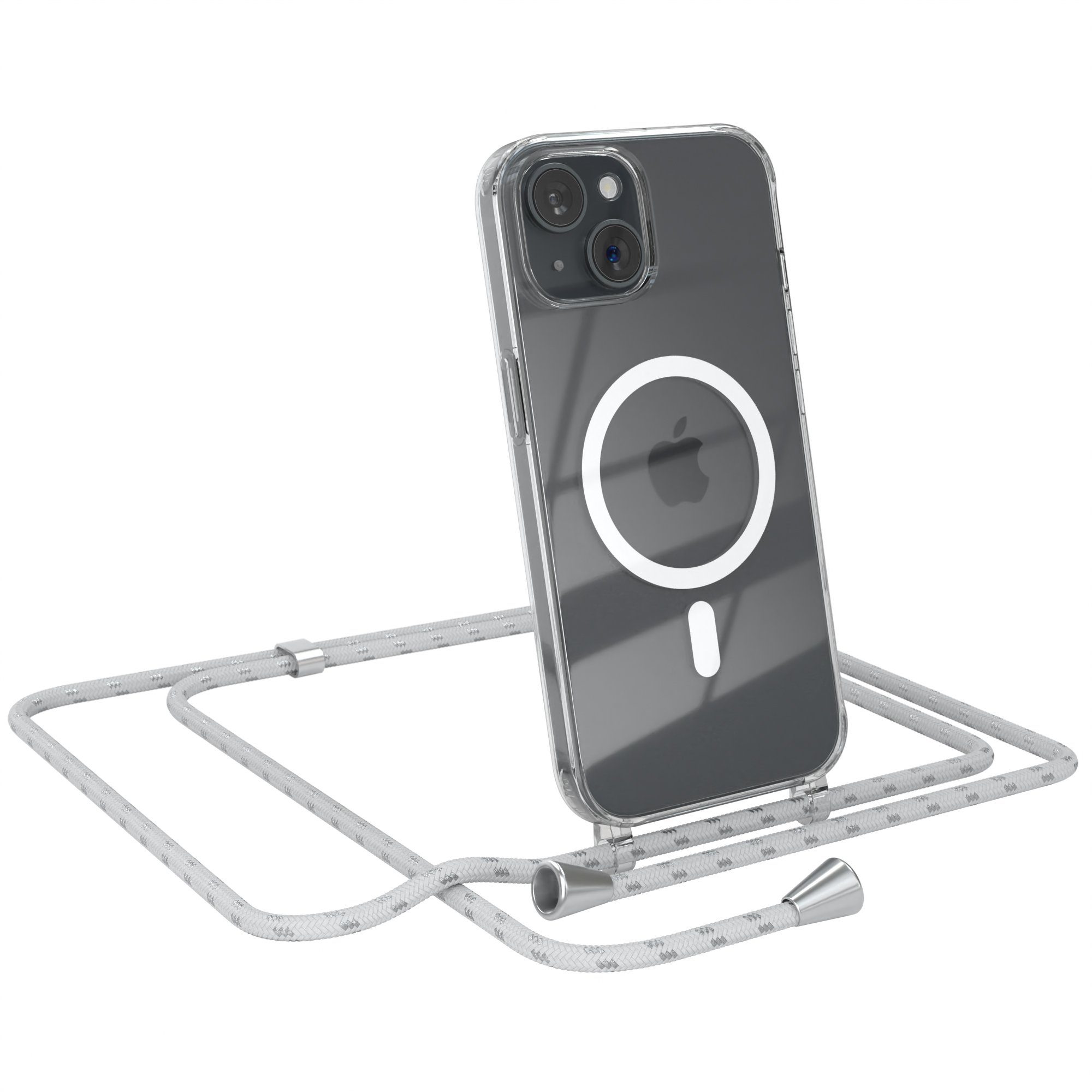 EAZY CASE Handykette mit-/ ohne Magsafe Hülle für iPhone 15 6,1 Zoll, Handykordel Qi-Case Slimcover mit Umhängeband zum Umhängen Weiß Silber