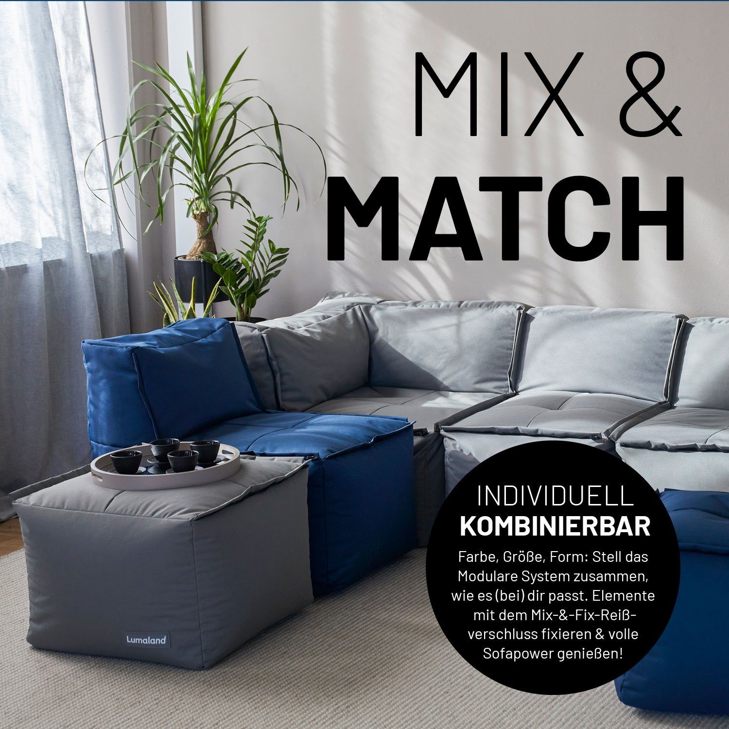 Bezug dem outdoor waschbar In- Modularen Sofa individuell blau mit wasserfest erweiterbar kombinierbar Sessel & System, Loungeset abnehmbarer Lumaland