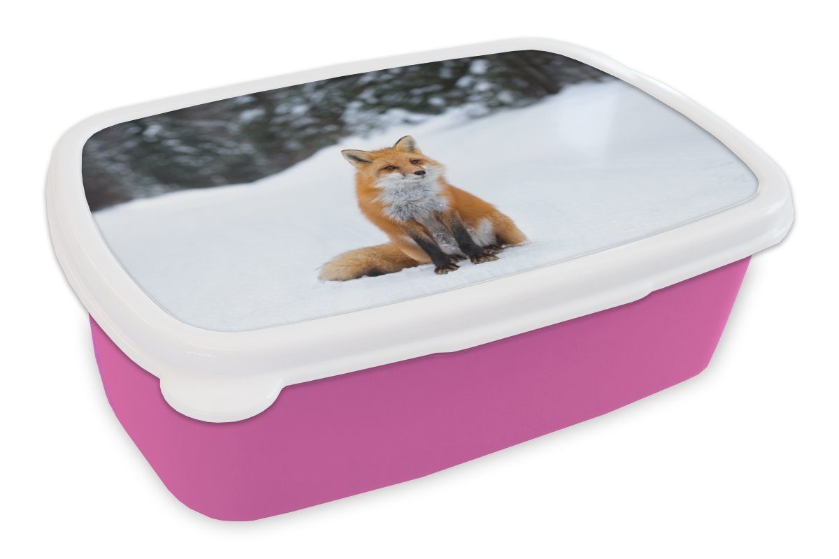 MuchoWow Lunchbox Fuchs - Schnee - Wald, Kunststoff, (2-tlg), Brotbox für Erwachsene, Brotdose Kinder, Snackbox, Mädchen, Kunststoff rosa