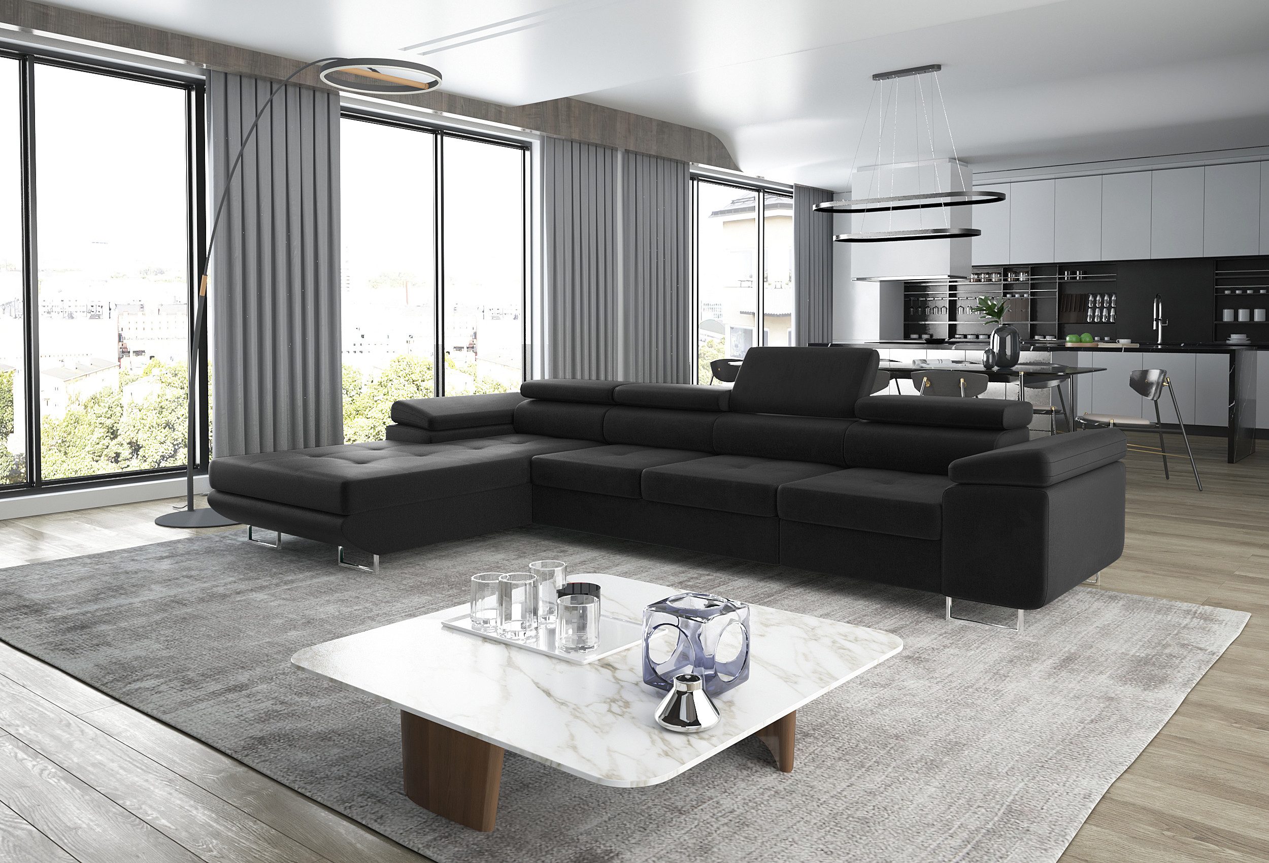 thematys Ecksofa ALVARO MAXI 355 x 204cm mit Schlaffunktion & Bettkasten –, L-Sofa mit 4 verstellbaren Kopfstützen, Samt (Monolotith), oder Cord (Poso) - L-Form, XL-Wohnlandschaft, 355 cm breit
