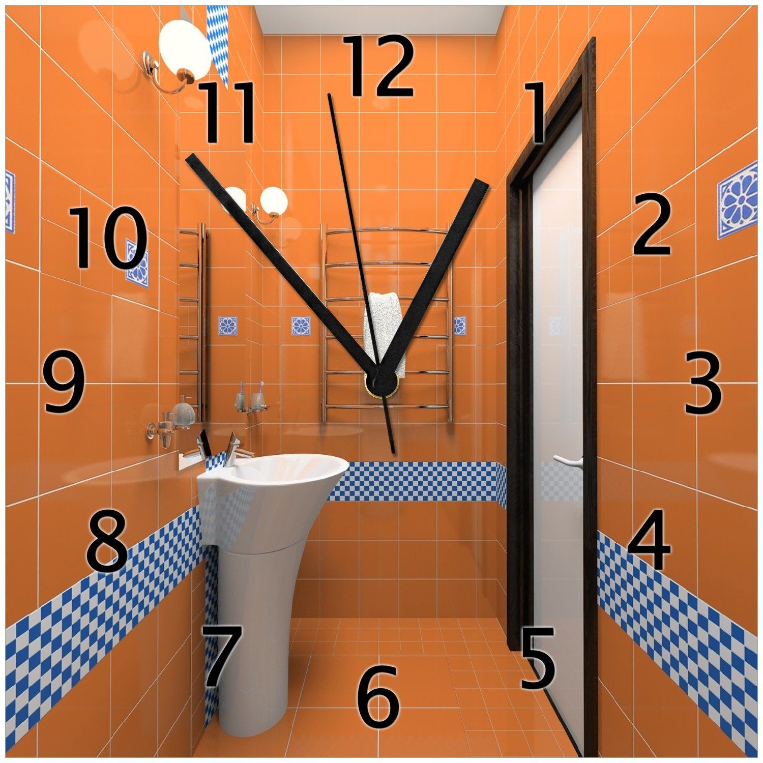 Wallario Wanduhr Modernes Badezimmer in orange mit blauen Fliesen (Glasuhr)