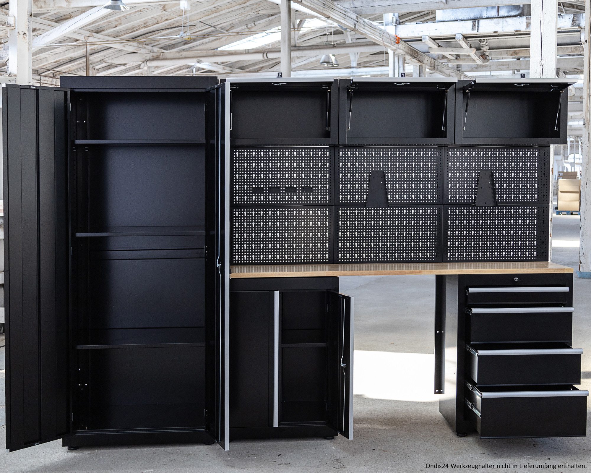 ONDIS24 Werkstatt-Set Männerküche 260cm, Schwarz, (8-tlg), teilvormontiert, viel Stauraum, robuste Fläche, Stahl, frei stellbar