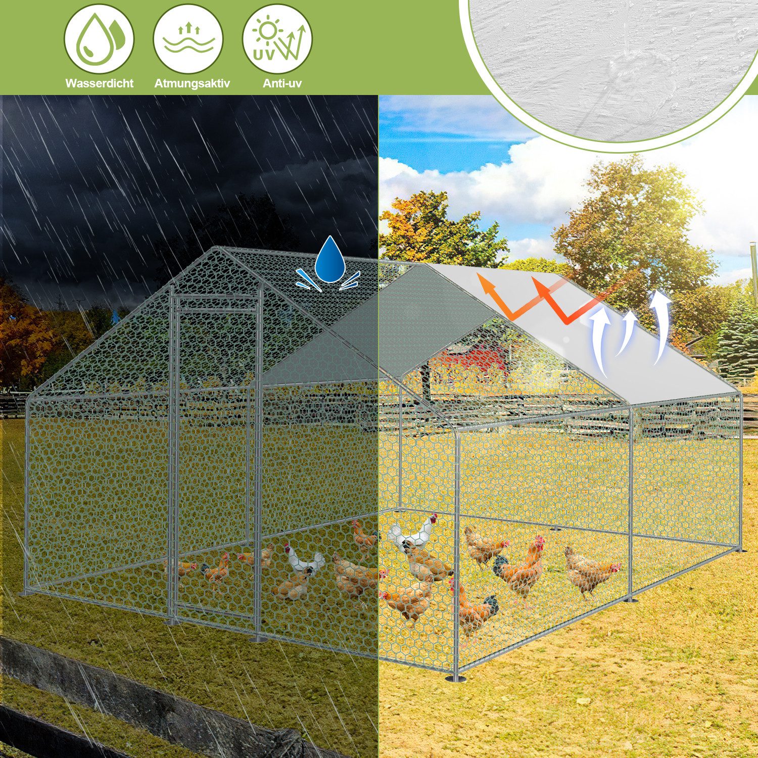 Clanmacy Hühnerstall 3x3x2m Hühnerstall Hühnerhaus Dach Geflügelstall Verzinkter