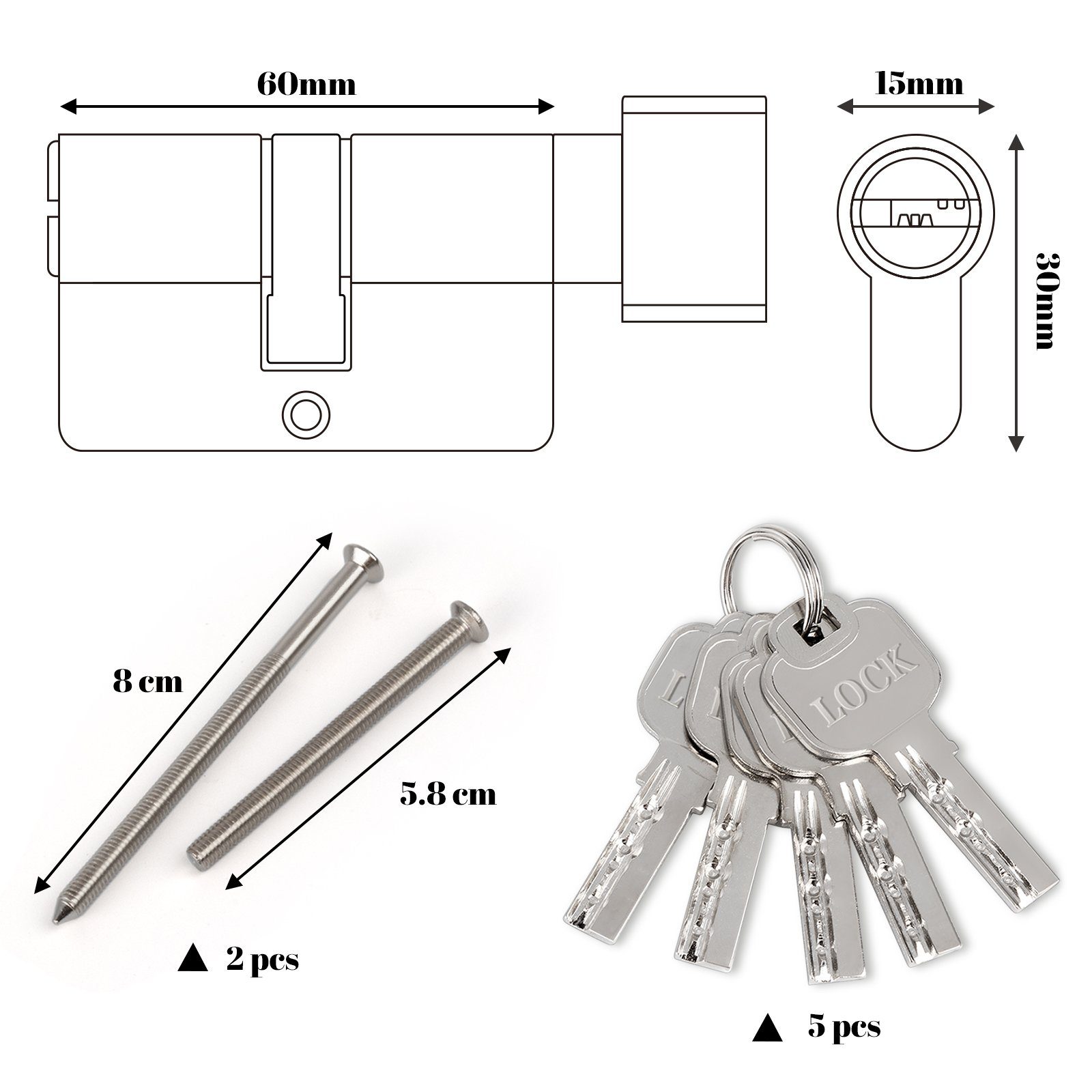 Schließzylinder 5 Befestigungsschrauben) + Stück Stück Schlüssel 2 mit Schlüssel, Einzelner 1-St., Schließzylinder offener (Set, Homewit