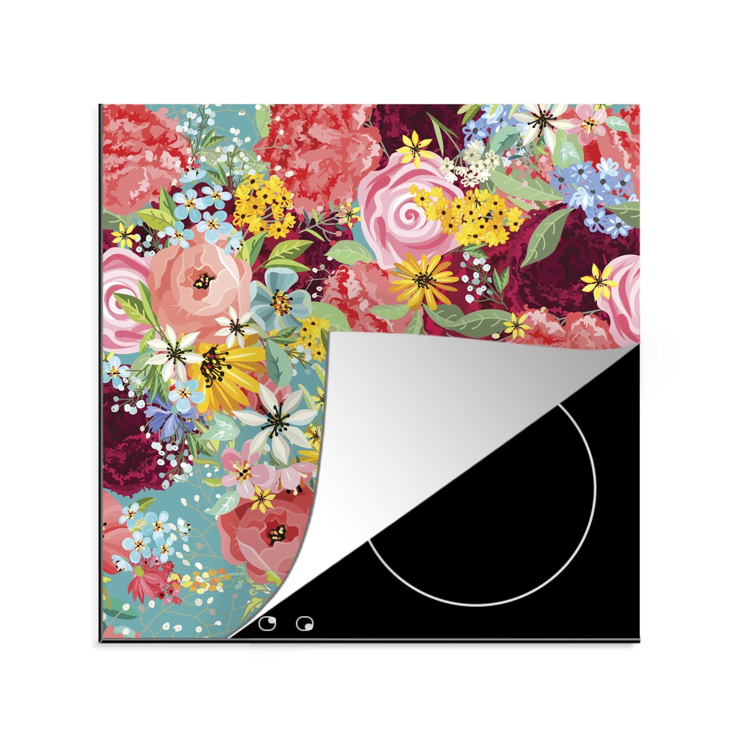 MuchoWow Herdblende-/Abdeckplatte Eine farbenfrohe Illustration mit Blumenmuster, Vinyl, (1 tlg), 78x78 cm, Ceranfeldabdeckung, Arbeitsplatte für küche