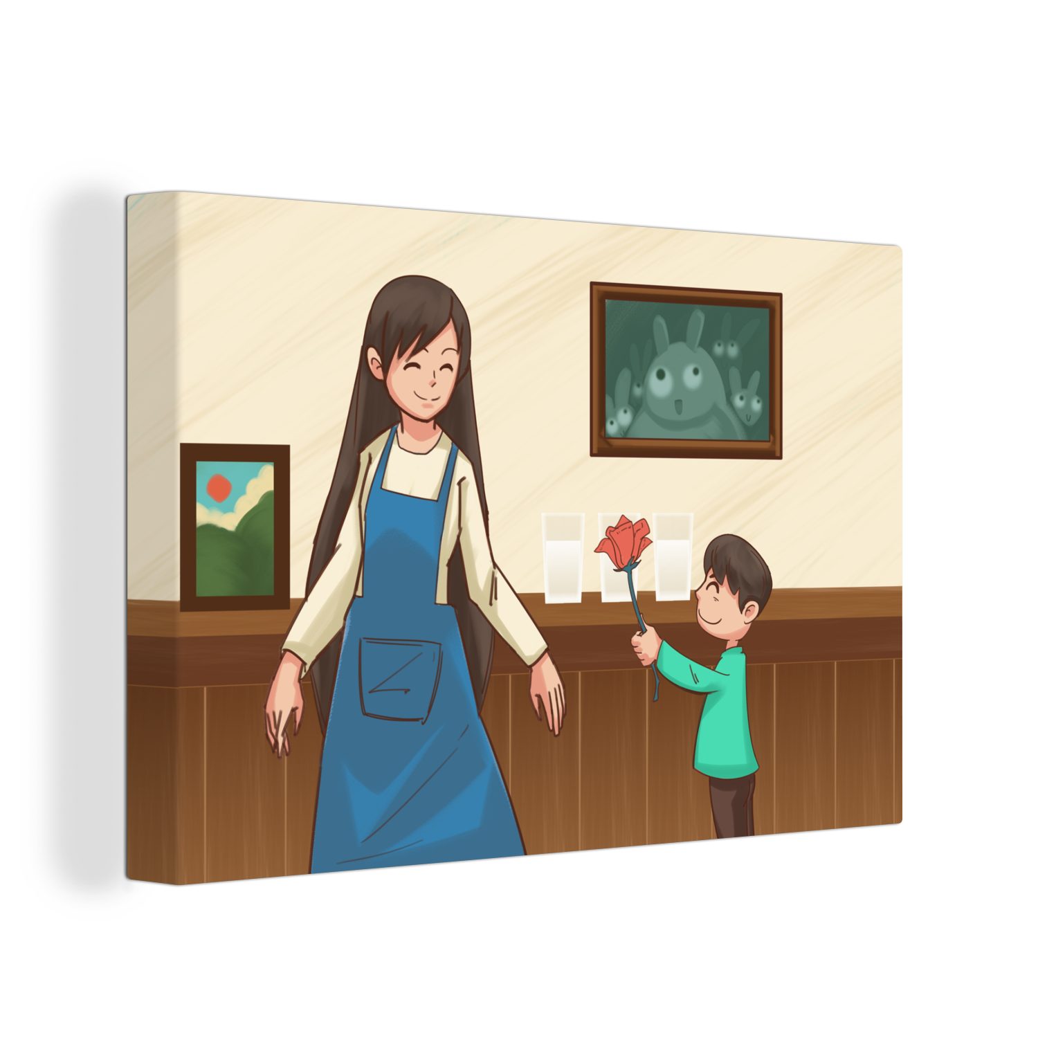 OneMillionCanvasses® Leinwandbild Muttertag Illustration Sohn mit Blume, (1 St), Wandbild Leinwandbilder, Aufhängefertig, Wanddeko, 30x20 cm