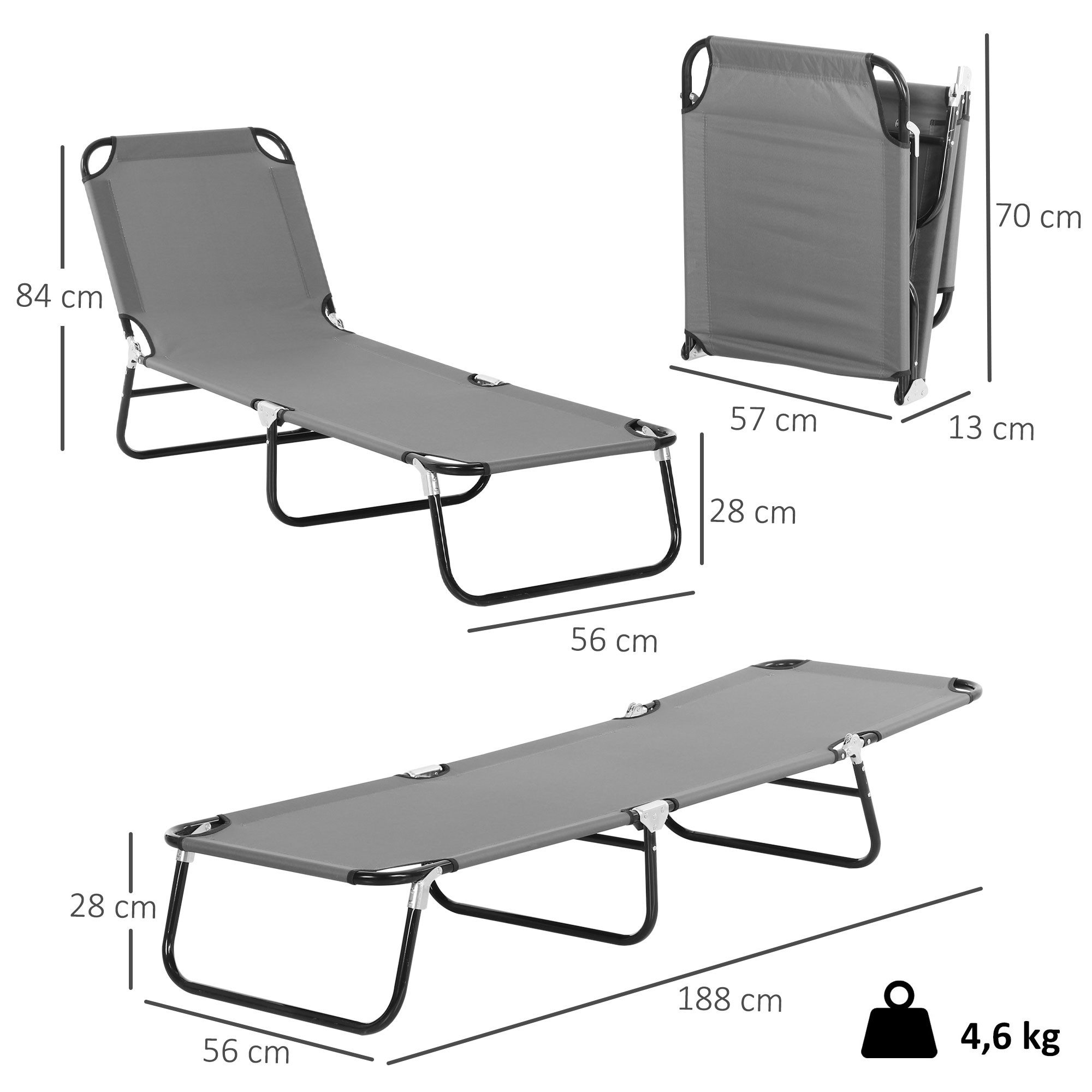 Outsunny Gartenliege Sonnenliege klappbar, wetterfeste Gartenstuhl bis 120 kg belastbar, Campingliege, 1 St., Liegestuhl, für Garten, Balkon, Stahl, Grau, 188 x 56 x 28cm