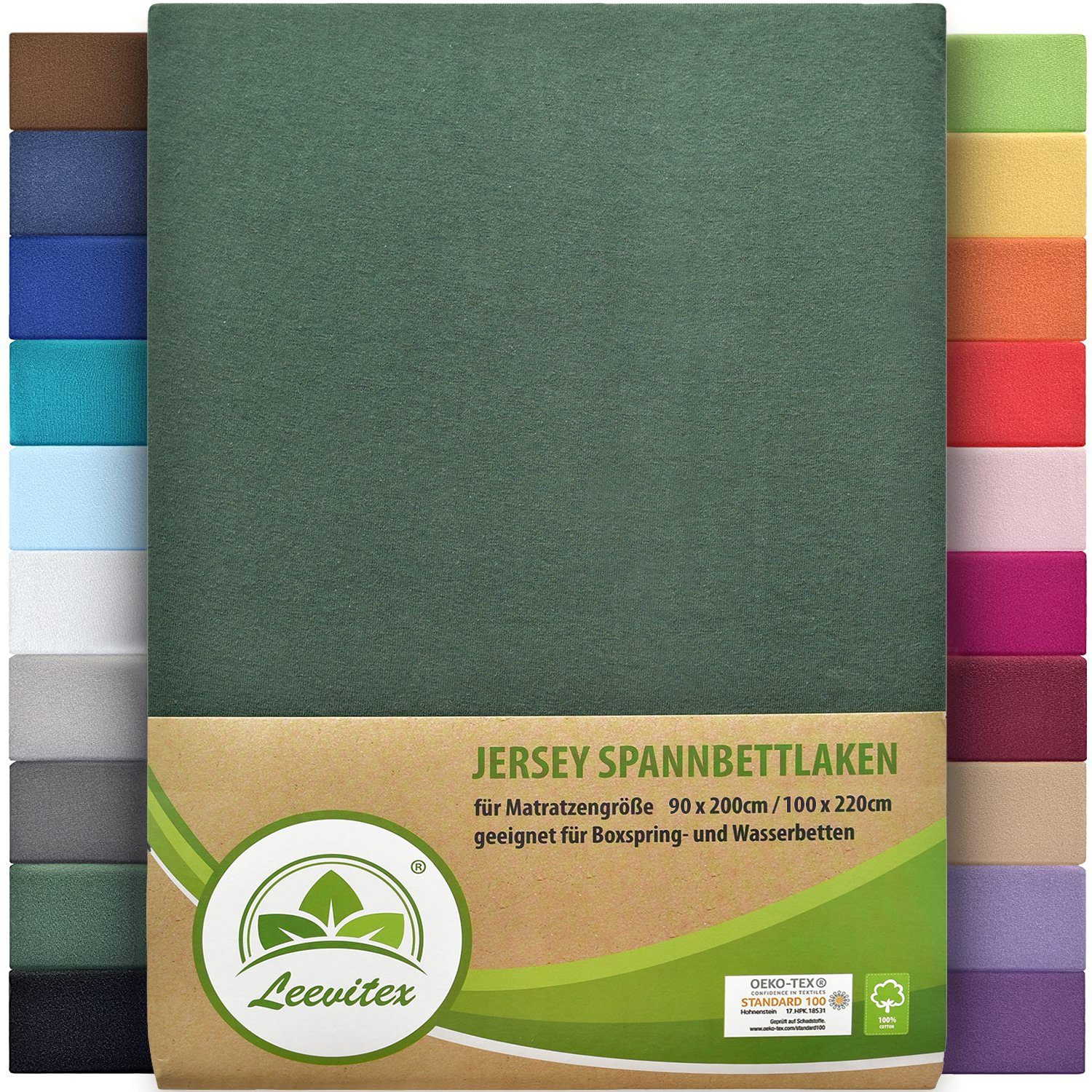 Jersey-Baumwolle, auch 170, Spannbettlaken Premium Tannengrün leevitex®, 100% geeignet / Boxspringbett dick, rundum, schwer Dunkelgrün Gummizug: und