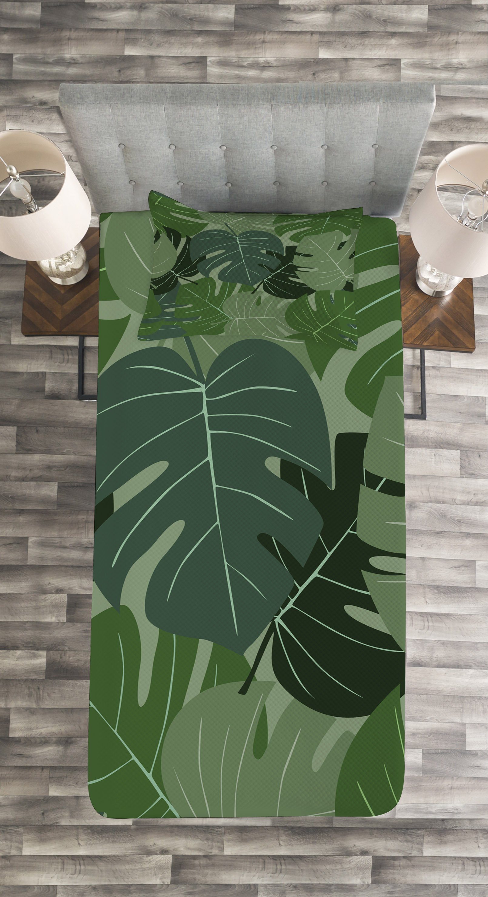 Tagesdecke Palmblätter Camo Abakuhaus, Waldgrün Waschbar, mit Set Kissenbezügen