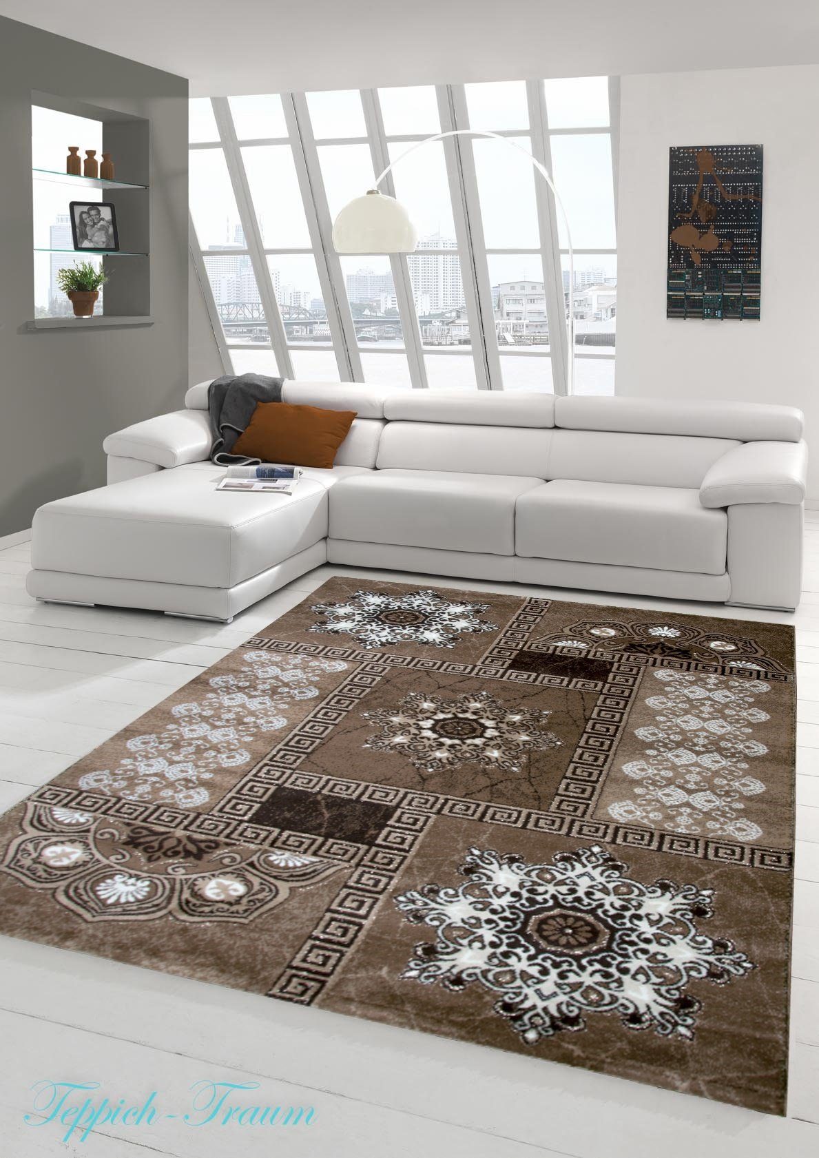 Teppich Moderner Teppich Designer Teppich Orientteppich mit Glitzergarn  Wohnzimmer Teppich mit Kronleuchter Optik in Braun Beige Creme, Teppich-Traum,  rechteckig, Höhe: 12 mm