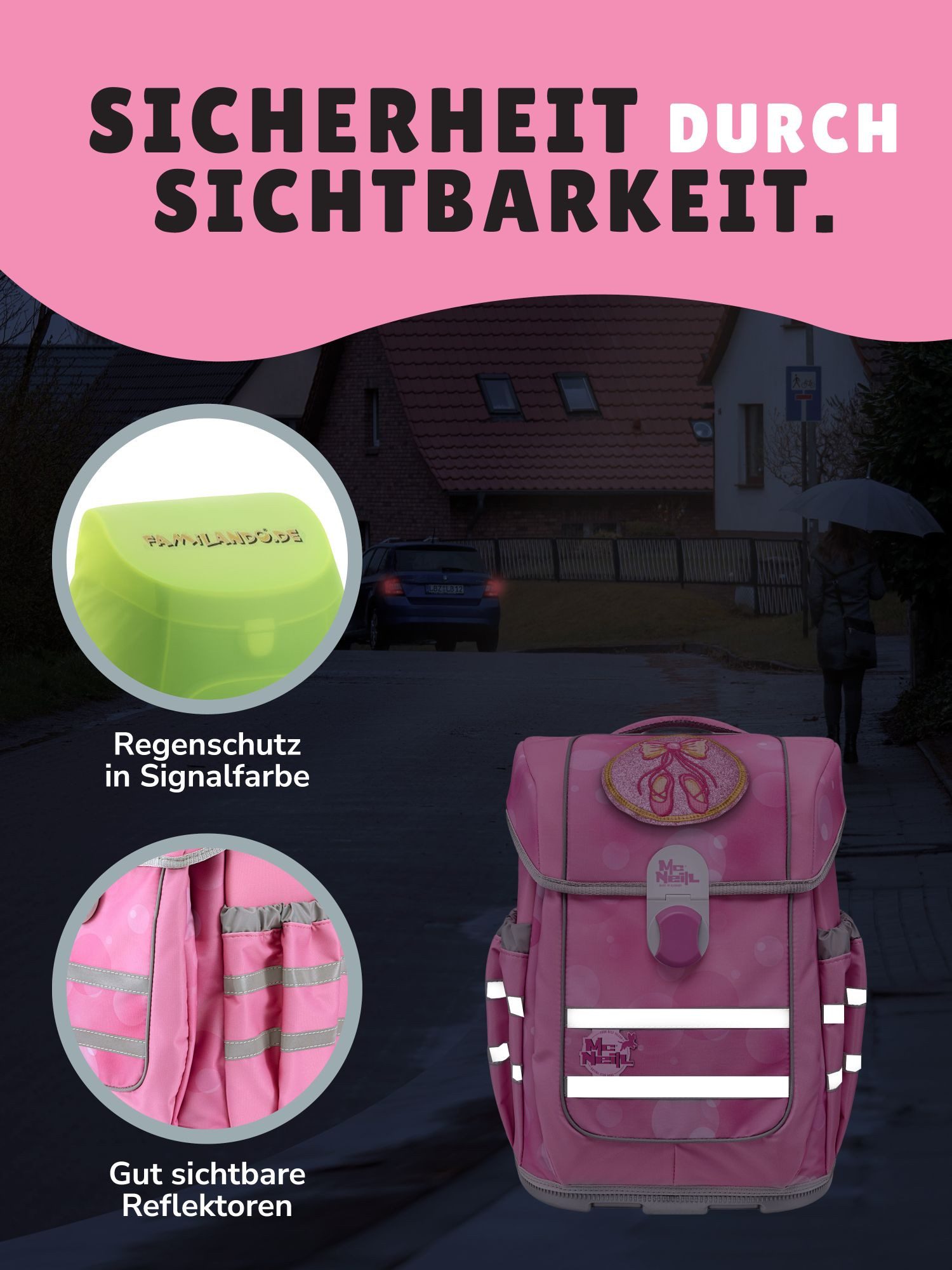 McNeill Schulranzen Ergo Complete 1.-4. Klasse ergonomisch, leicht, Volumen 20 Liter (Set, 6-tlg., inkl. Federmäppchen, Turnbeutel, Schlamper und Motivmagnet), ClickFlex-Rückensystem, Reflektoren; inkl. McAddy Ballerina