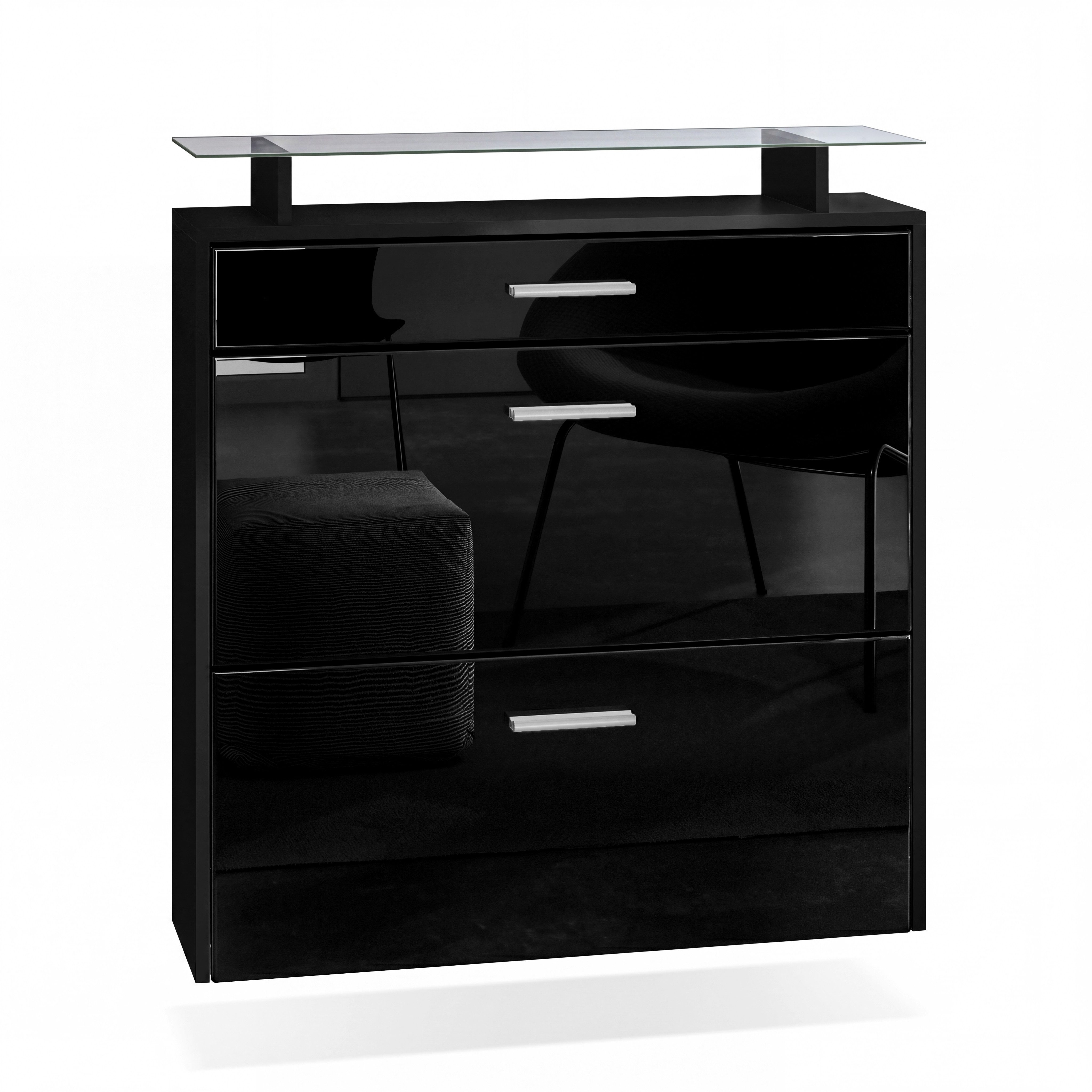 Vladon Schuhschrank Malea (hängender Schuhkipper für 16 Paar Schuhe, mit 2 Klappen und 1 Schublade und Glasablage) Schwarz matt/Schwarz Hochglanz (89 x 96 x 23 cm)