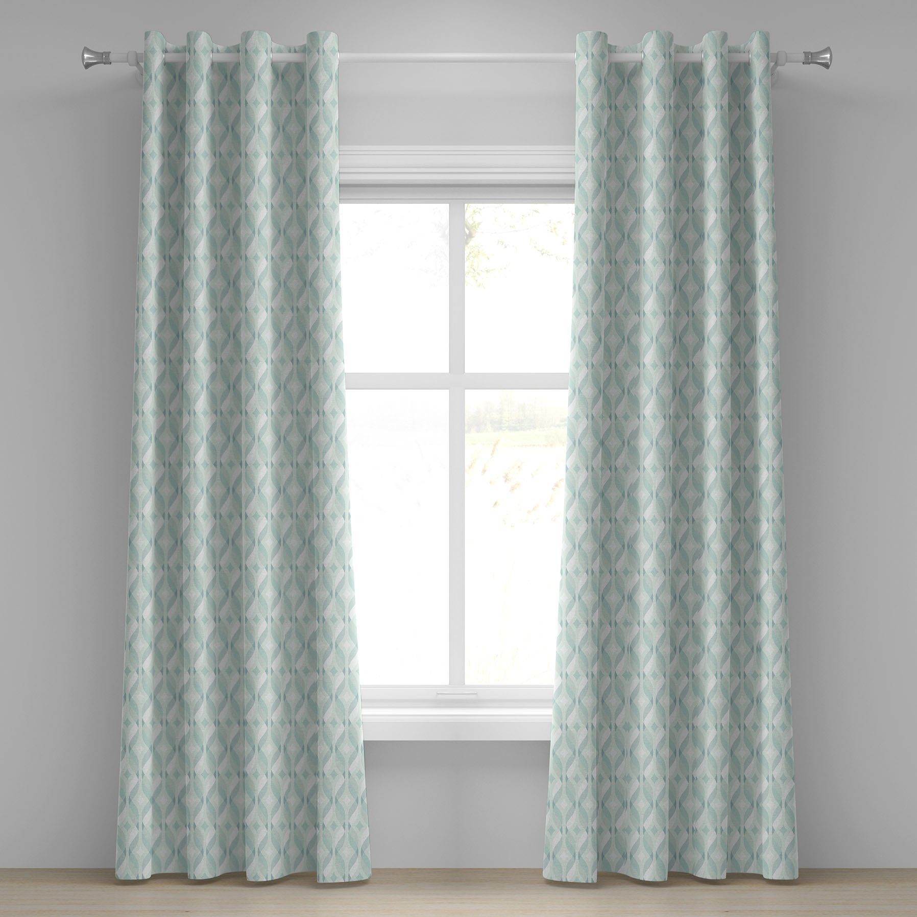 Gardine Dekorative 2-Panel-Fenstervorhänge für Schlafzimmer Wohnzimmer, Abakuhaus, Seafoam Verschlungene Linien Rhombus