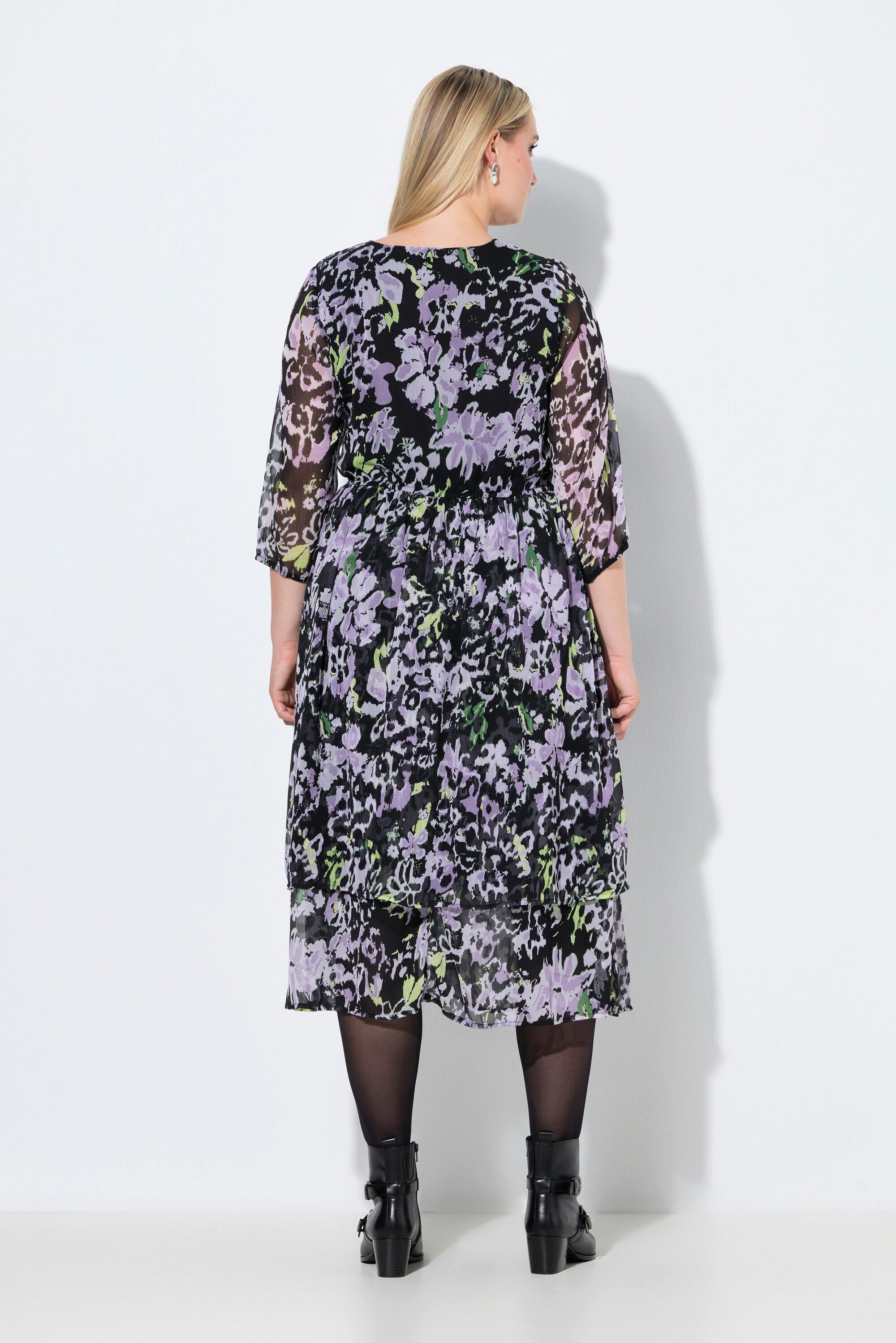 Ulla Popken Jerseykleid Chiffon-Midikleid Blüten A-Linie V-Ausschnitt