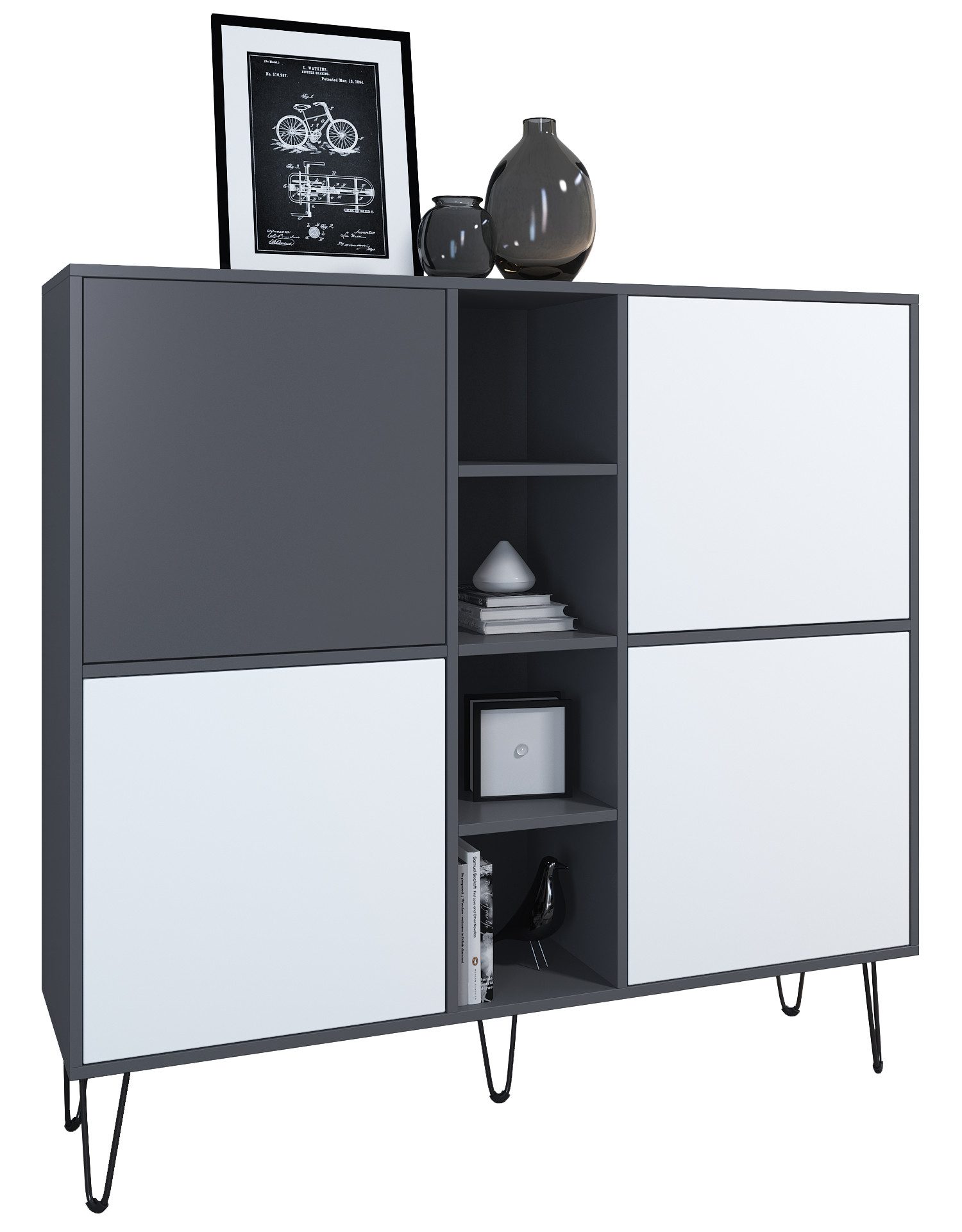 Vladon Highboard Havana V3 (Sideboard mit 4 Türen und 4 offene Fächer, Kommode Made in Germany), Anthrazit matt / Weiß matt (130,5 x 124 x 35 cm)