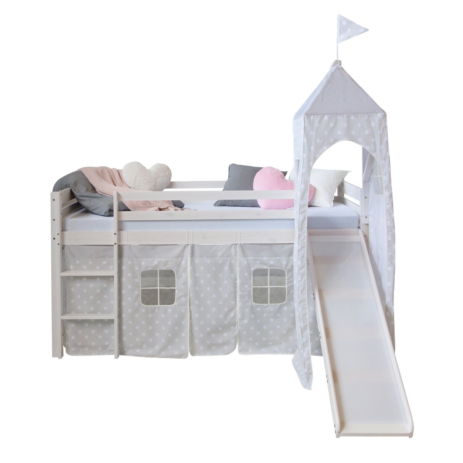 Homestyle4u Hochbett 90x200 mit Vorhang Rutsche und Turm in Weiß Sterne 188 günstig online kaufen