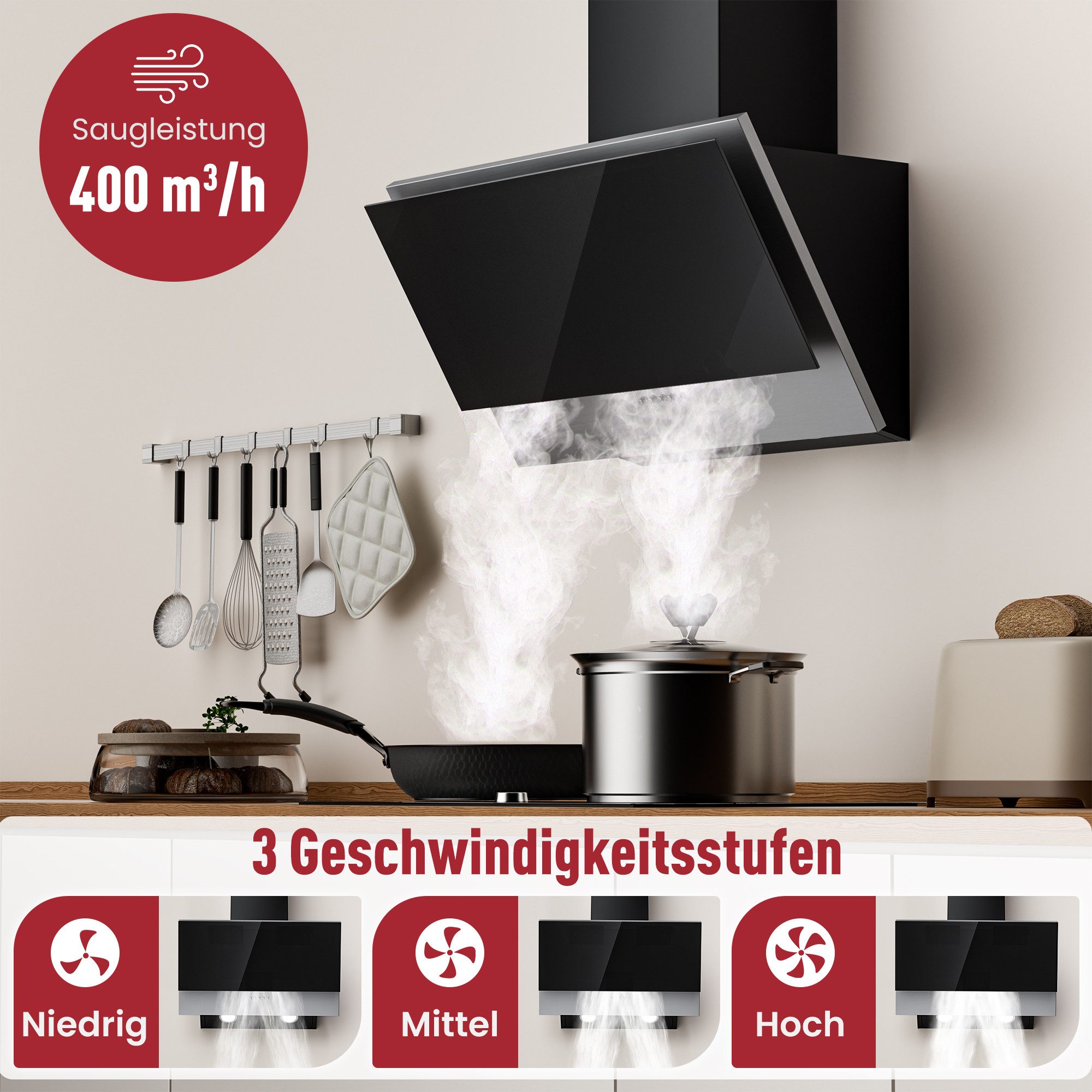 Levivo Kopffreihaube A+++ 400 m³/h Dunstabzugshaube 60cm Umluft & Abluft mit 2 Aktivkohlefiltern, 1 Fettfilter, 3 Stufen, Booster, 2 LEDs – Bild 2 von 5