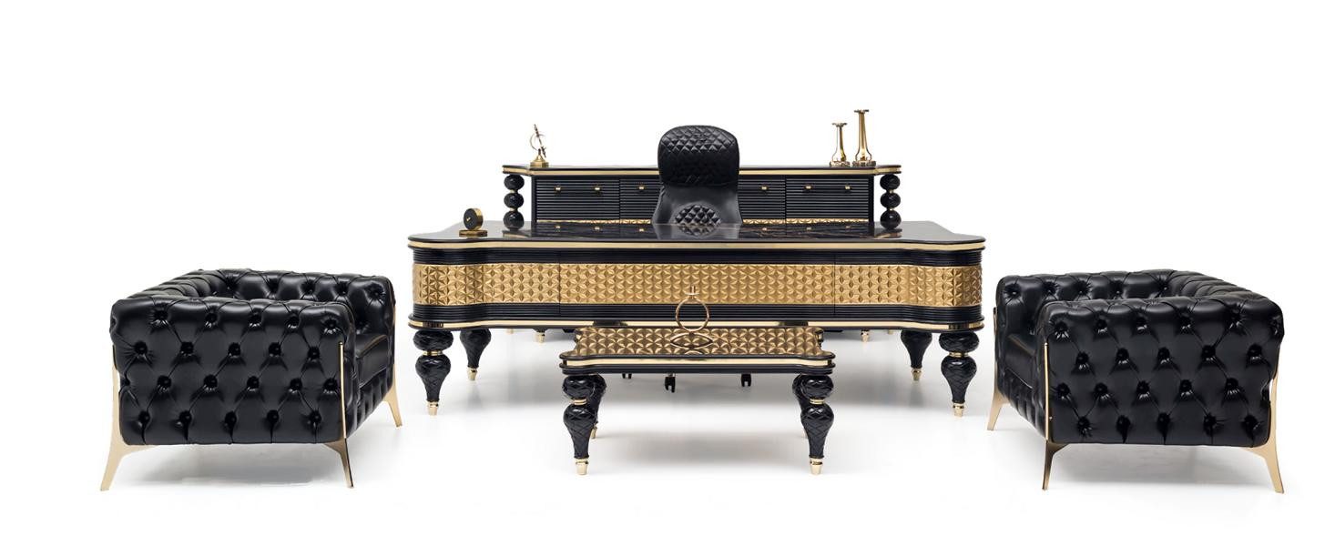 JVmoebel Büromöbel-Set Elegantes Büro Möbelset in Schwarz/Gold mit Barock-Design, (Schreibtisch, Kommode, 2x Sessel, Couchtisch), Made in Europe