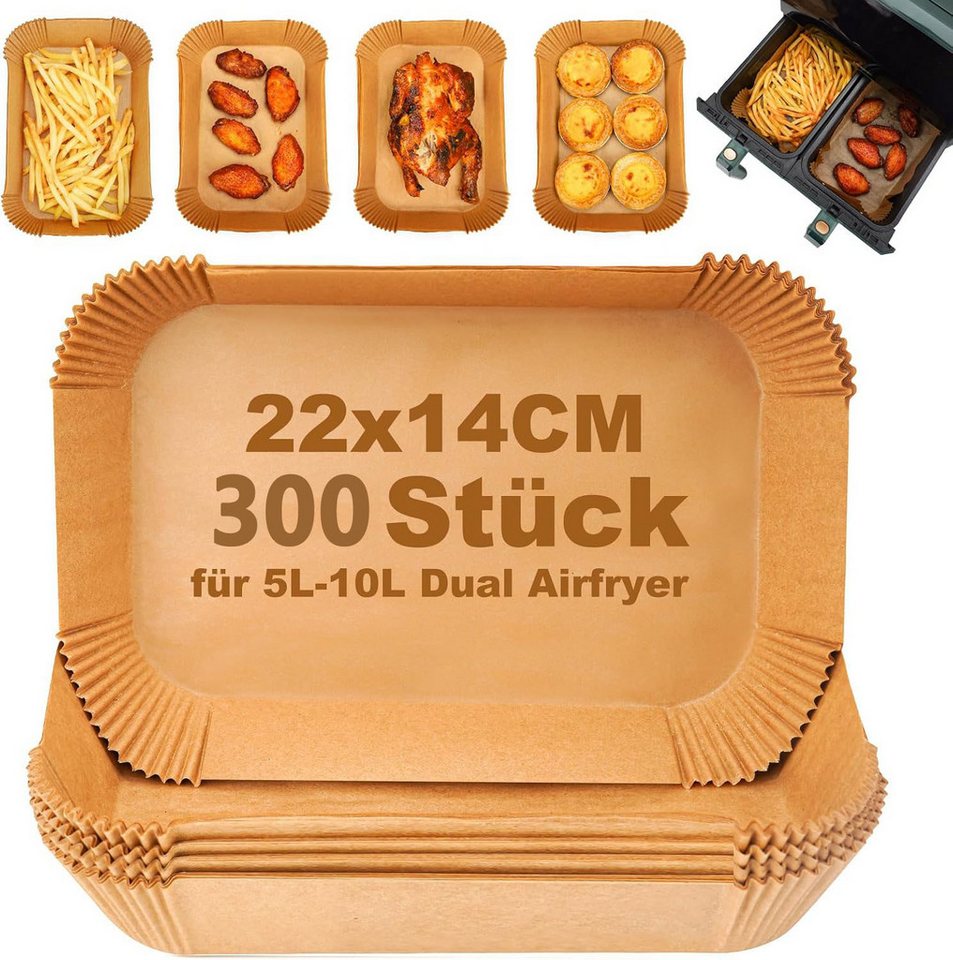 Refined Living Backpapier 300 Stück Airfryer Backpapier Einweg Rechteck 22x14x4,5cm, für Ninja AF300EU AF400EU, 5-10 L Philips Dual Basket Airfryer Zubehör