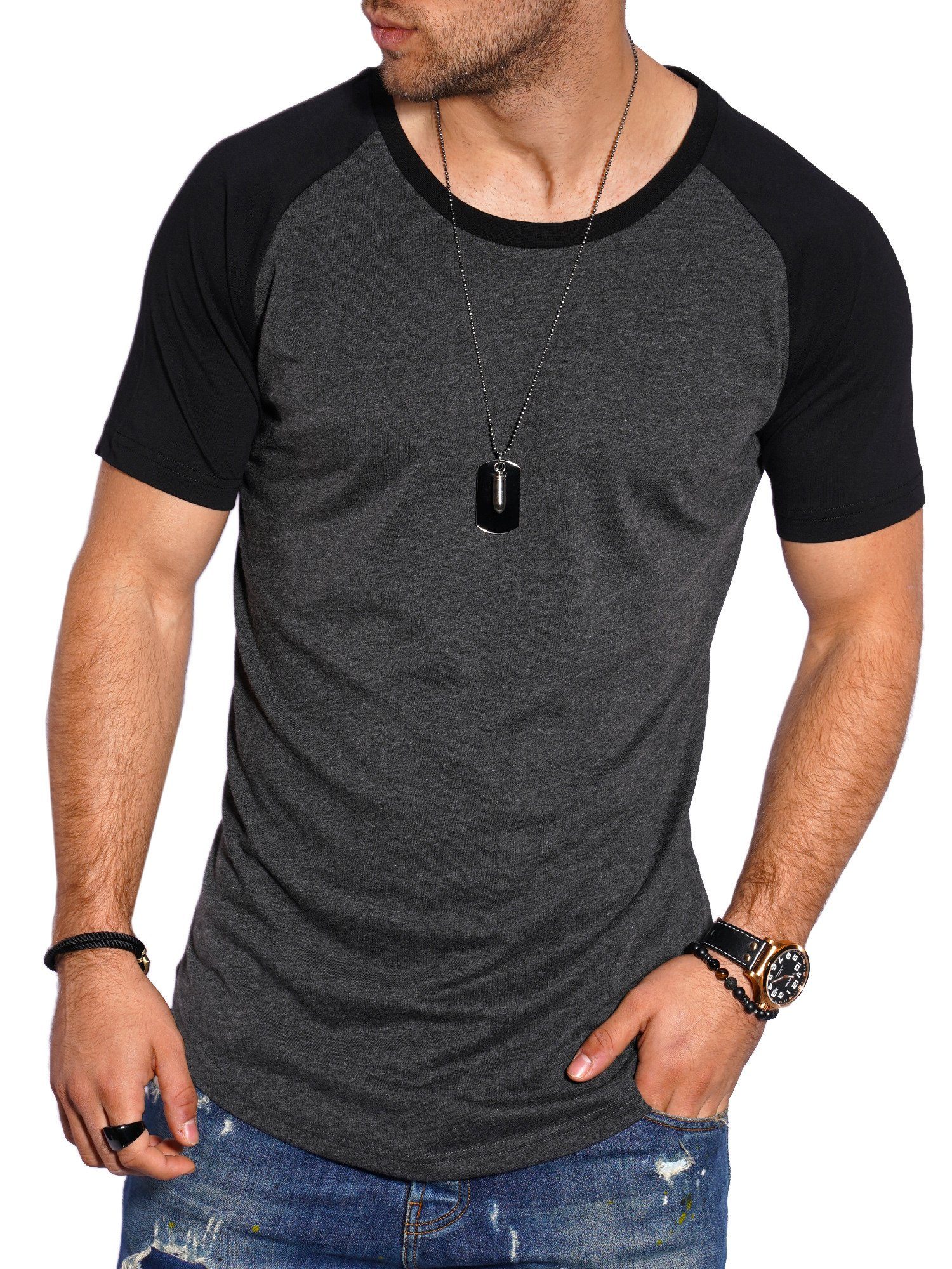 Style-Division T-Shirt SDBOISE Basic im Raglan-Stil Dunkelgrau-Schwarz