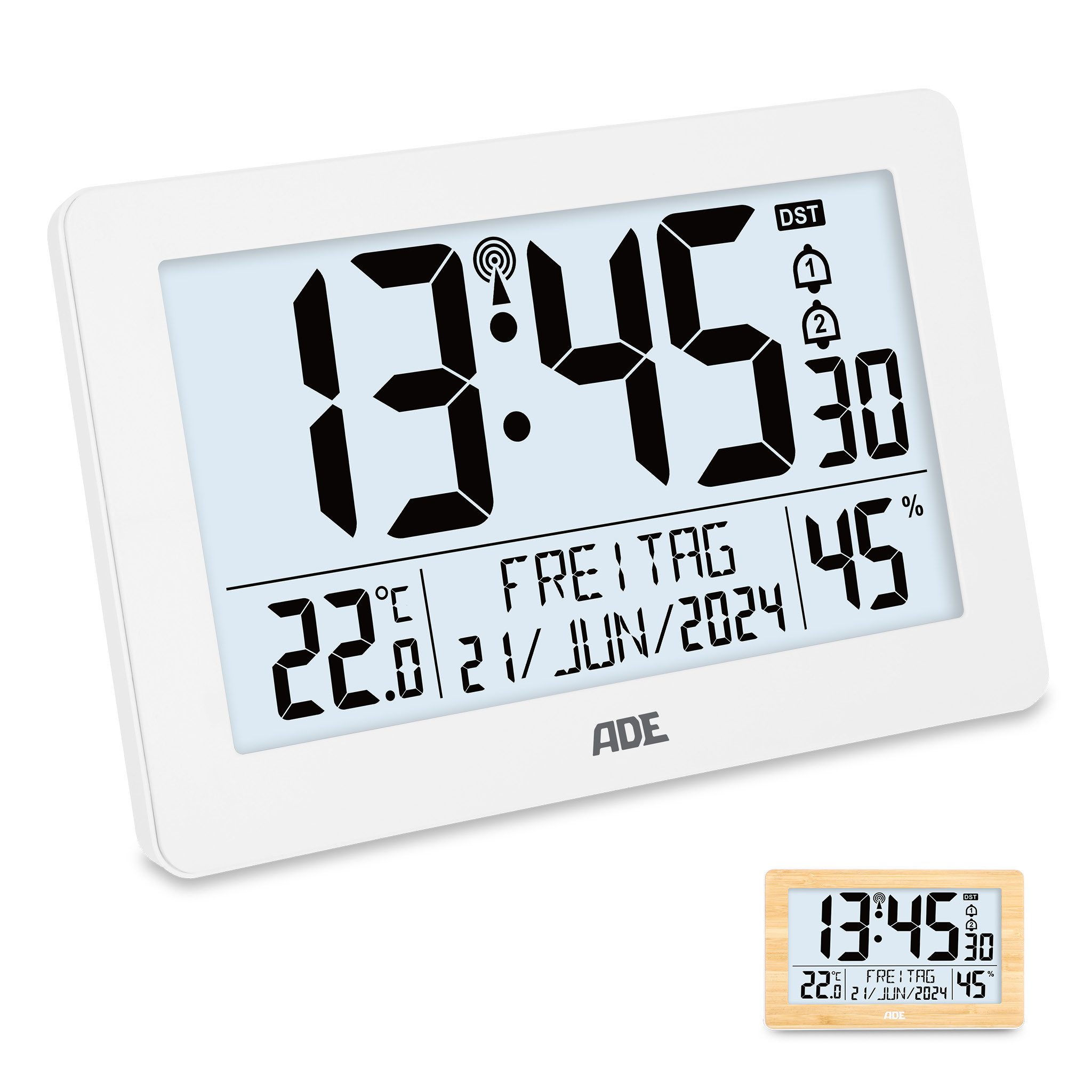 ADE Funktischuhr Digital, Tischuhr & Wanduhr mit XL-Display & großen Ziffern, Funk Funkuhr mit Hygrometer, Datum & Wochentag, inkl. 2 AA Batterien