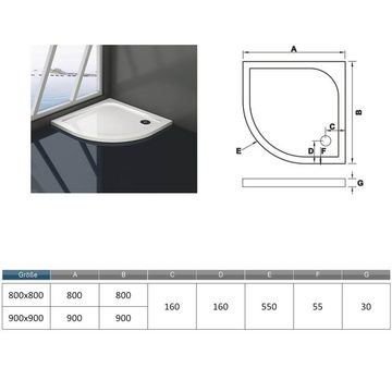 duschspa Duschwanne Viertelkreis Duschtasse Duschwanne für Duschwand Duschtür, Kunststein mit Acrylbeschichtung, Set, 80x80 cm, 90x90 cm